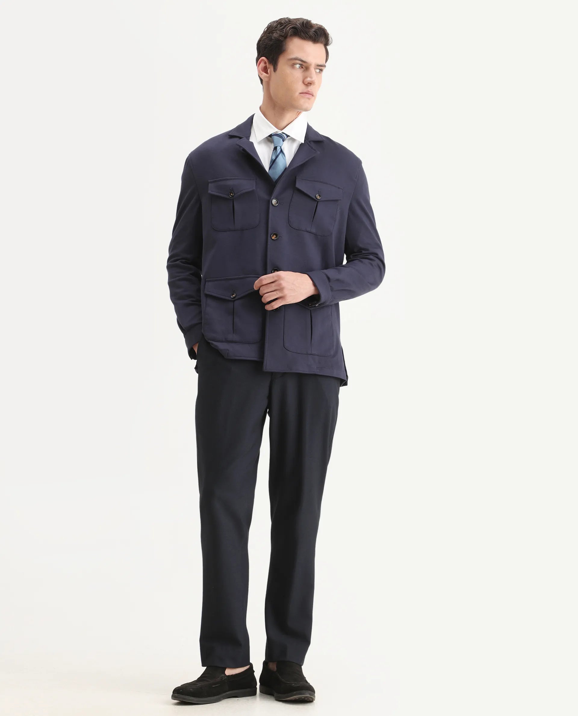 Rare Rabbit Men's Voyage Navy Rayon Plain Tailored Fit Full Sleeve Lapel Neck Blazer