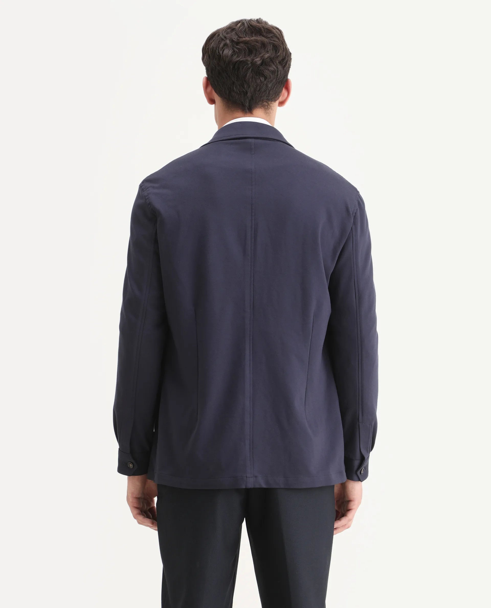 Rare Rabbit Men's Voyage Navy Rayon Plain Tailored Fit Full Sleeve Lapel Neck Blazer