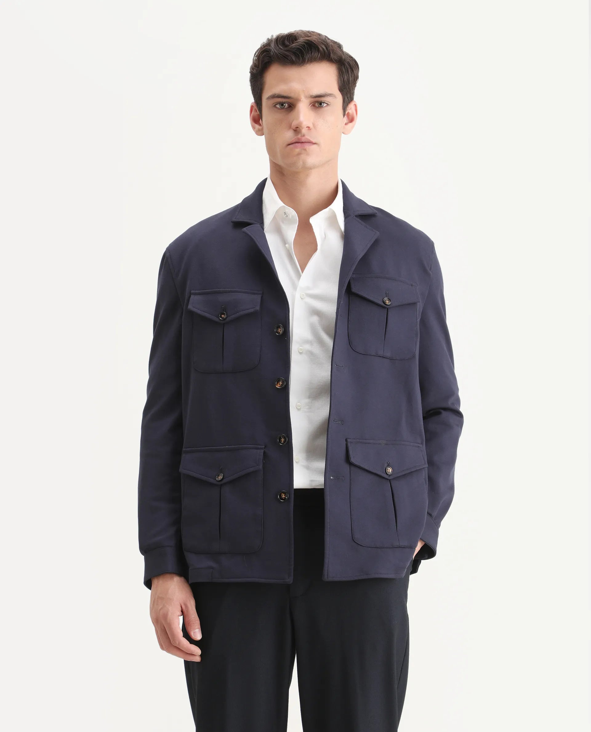 Rare Rabbit Men's Voyage Navy Rayon Plain Tailored Fit Full Sleeve Lapel Neck Blazer