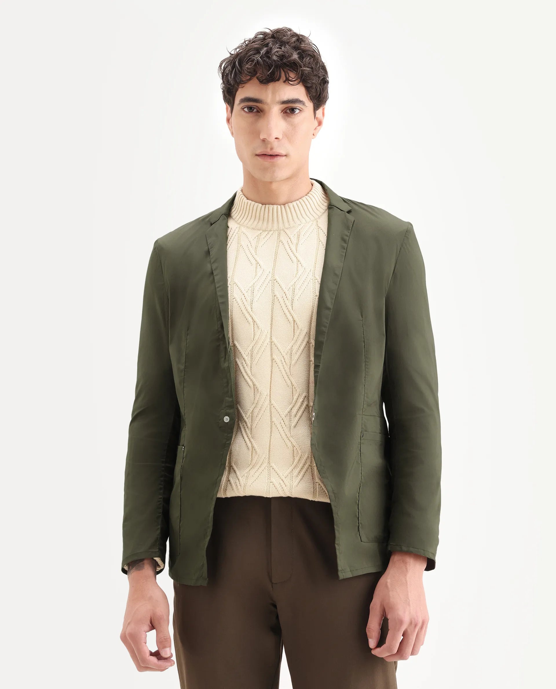 Rare Rabbit Men's Glaze Olive Viscose Plain Regular Fit Full Sleeve Lapel Neck Jacket