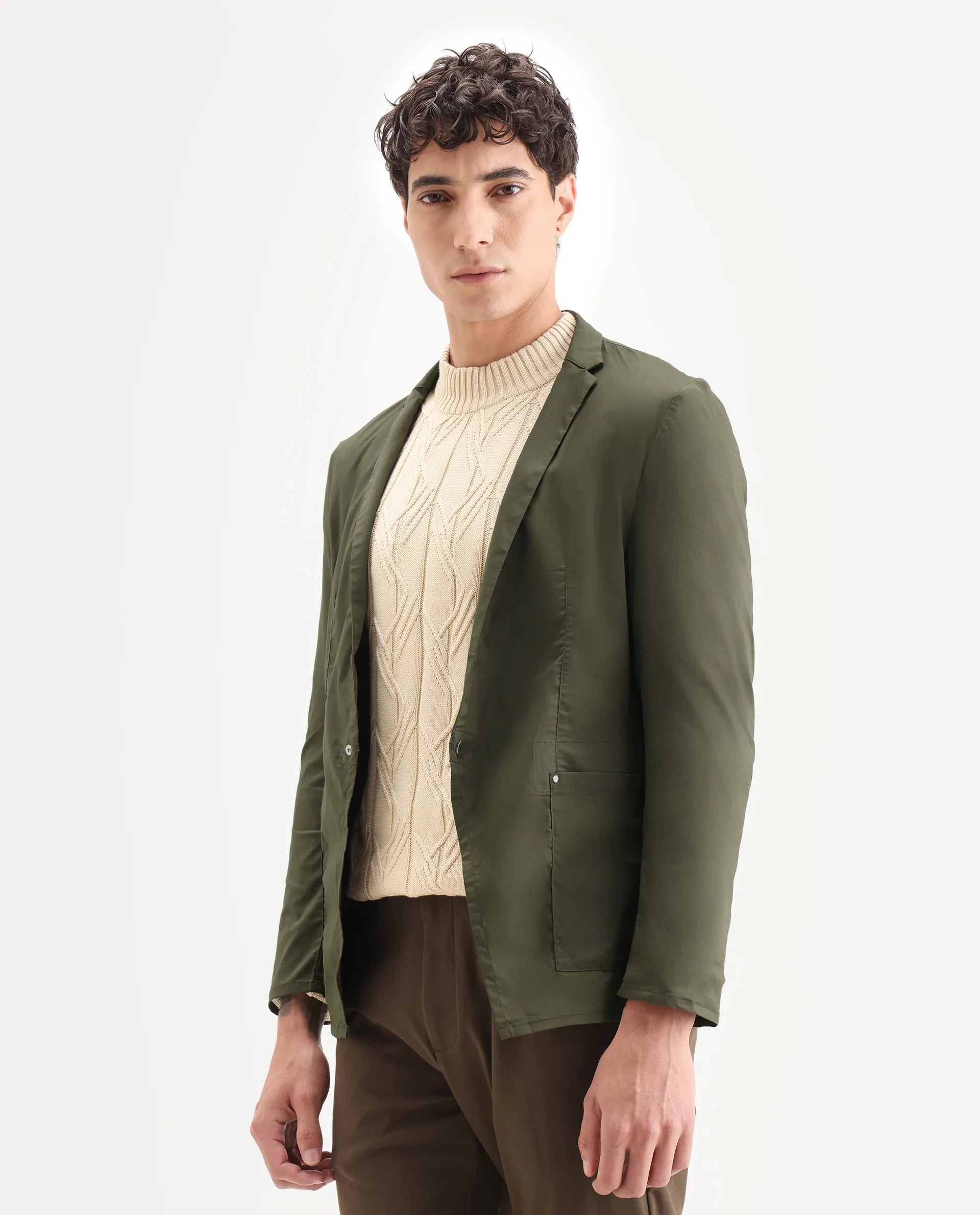 Rare Rabbit Men's Glaze Olive Viscose Plain Regular Fit Full Sleeve Lapel Neck Jacket