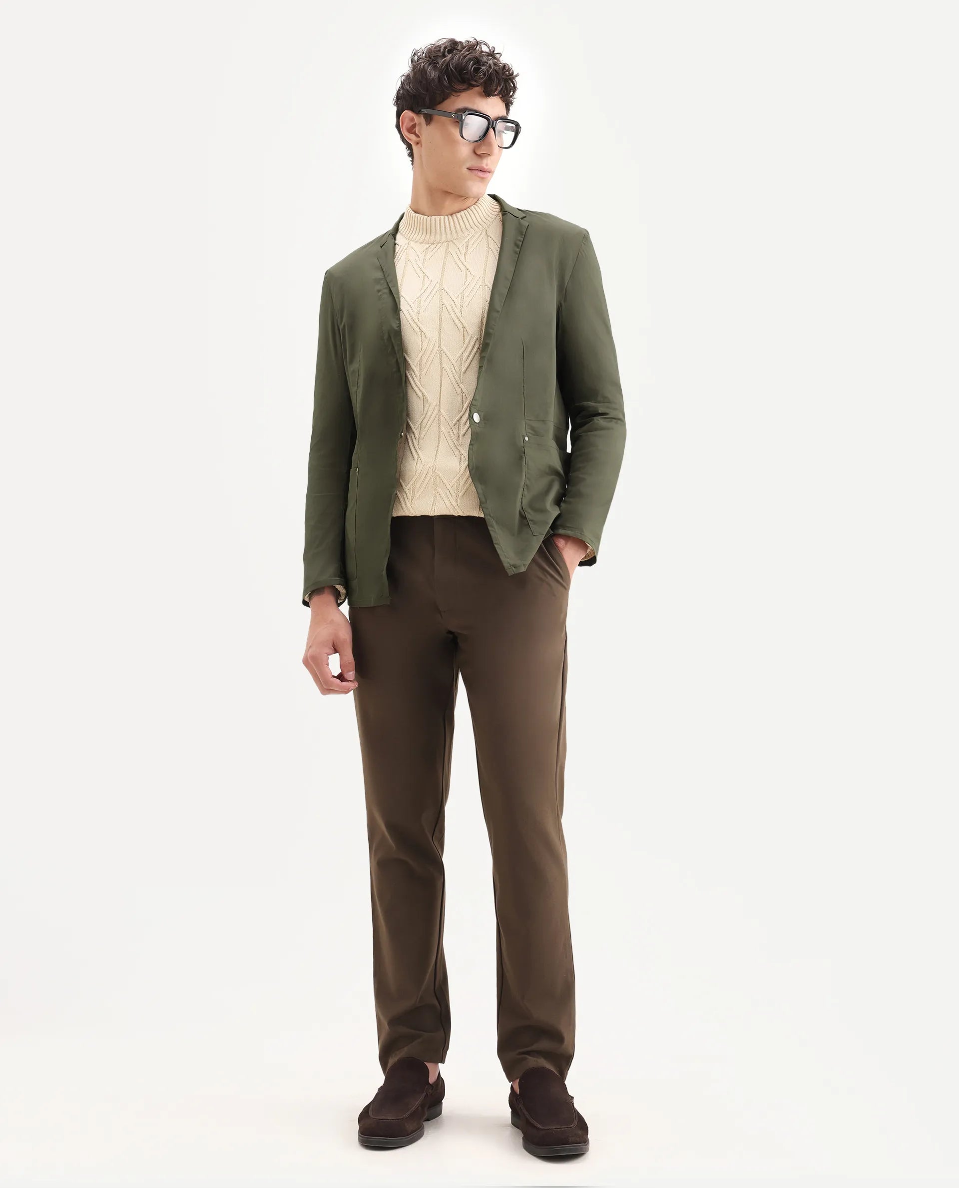 Rare Rabbit Men's Glaze Olive Viscose Plain Regular Fit Full Sleeve Lapel Neck Jacket