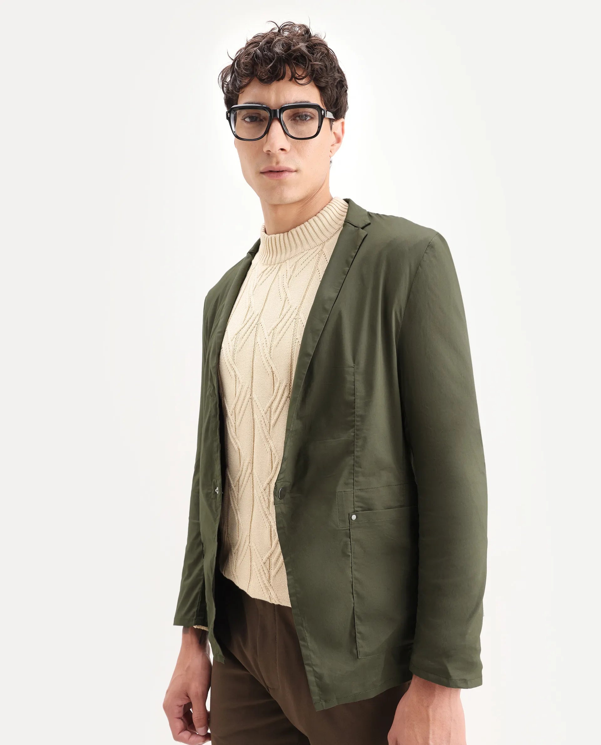 Rare Rabbit Men's Glaze Olive Viscose Plain Regular Fit Full Sleeve Lapel Neck Jacket