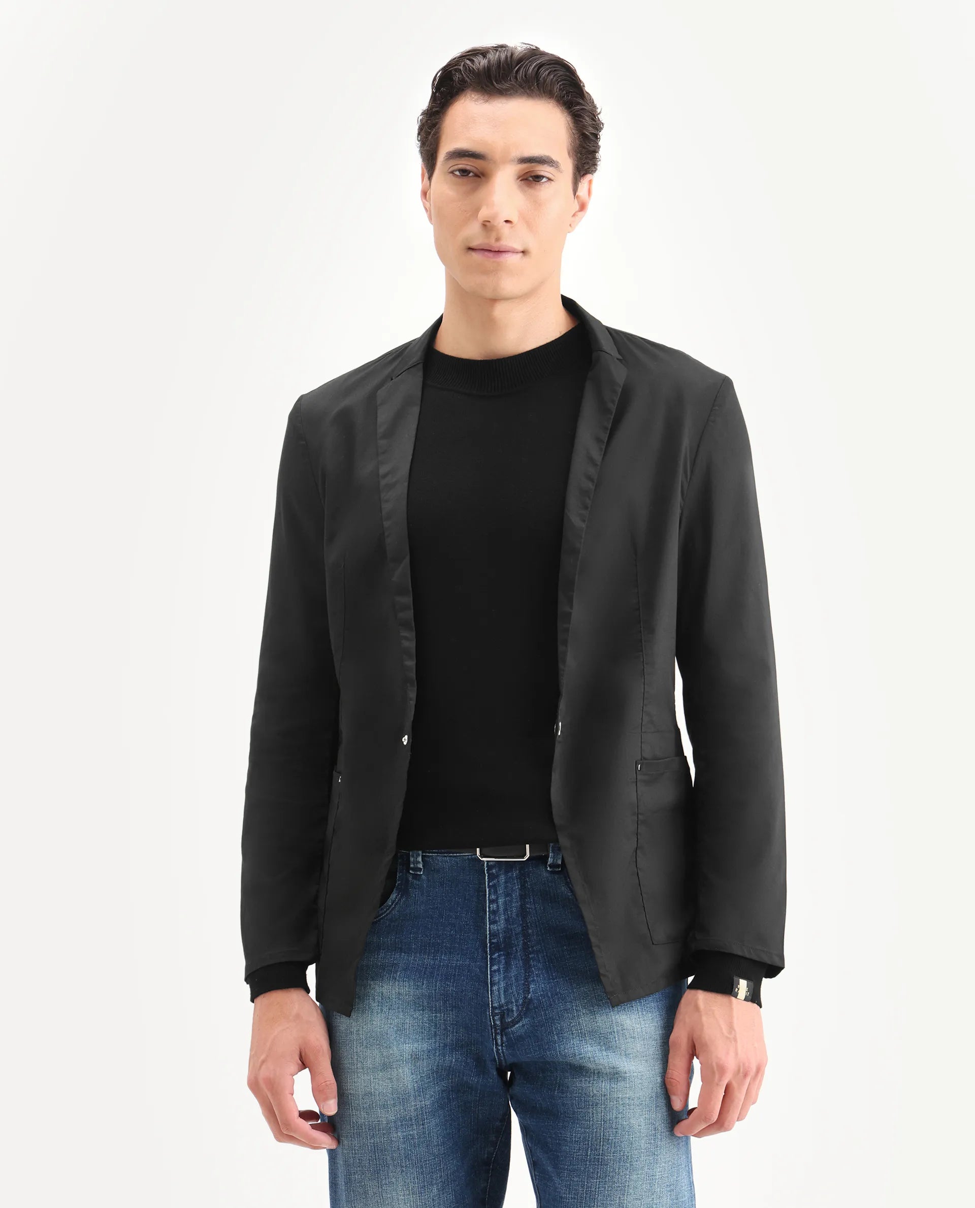 Rare Rabbit Men's Glaze Black Viscose Plain Regular Fit Full Sleeve Lapel Neck Jacket