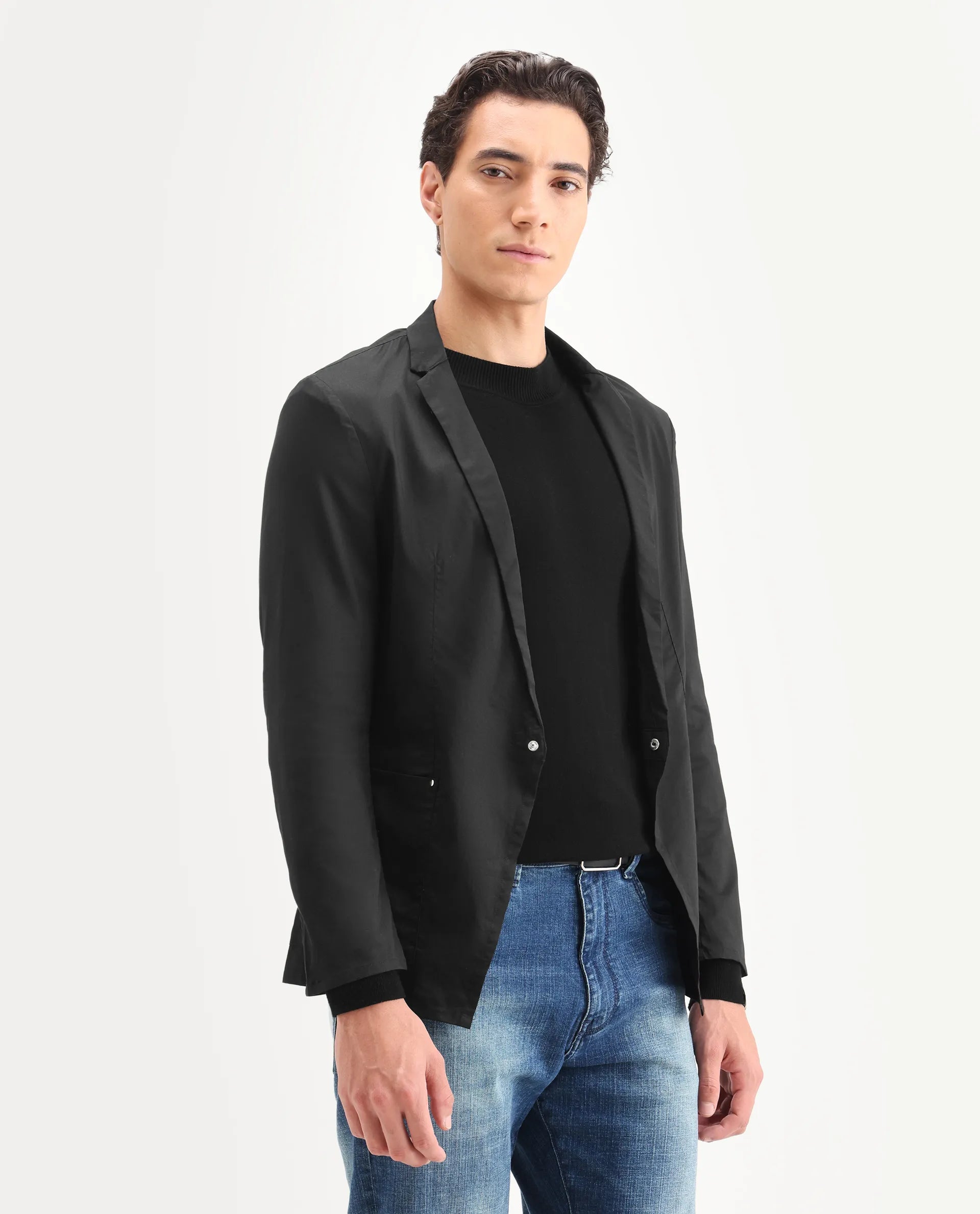 Rare Rabbit Men's Glaze Black Viscose Plain Regular Fit Full Sleeve Lapel Neck Jacket