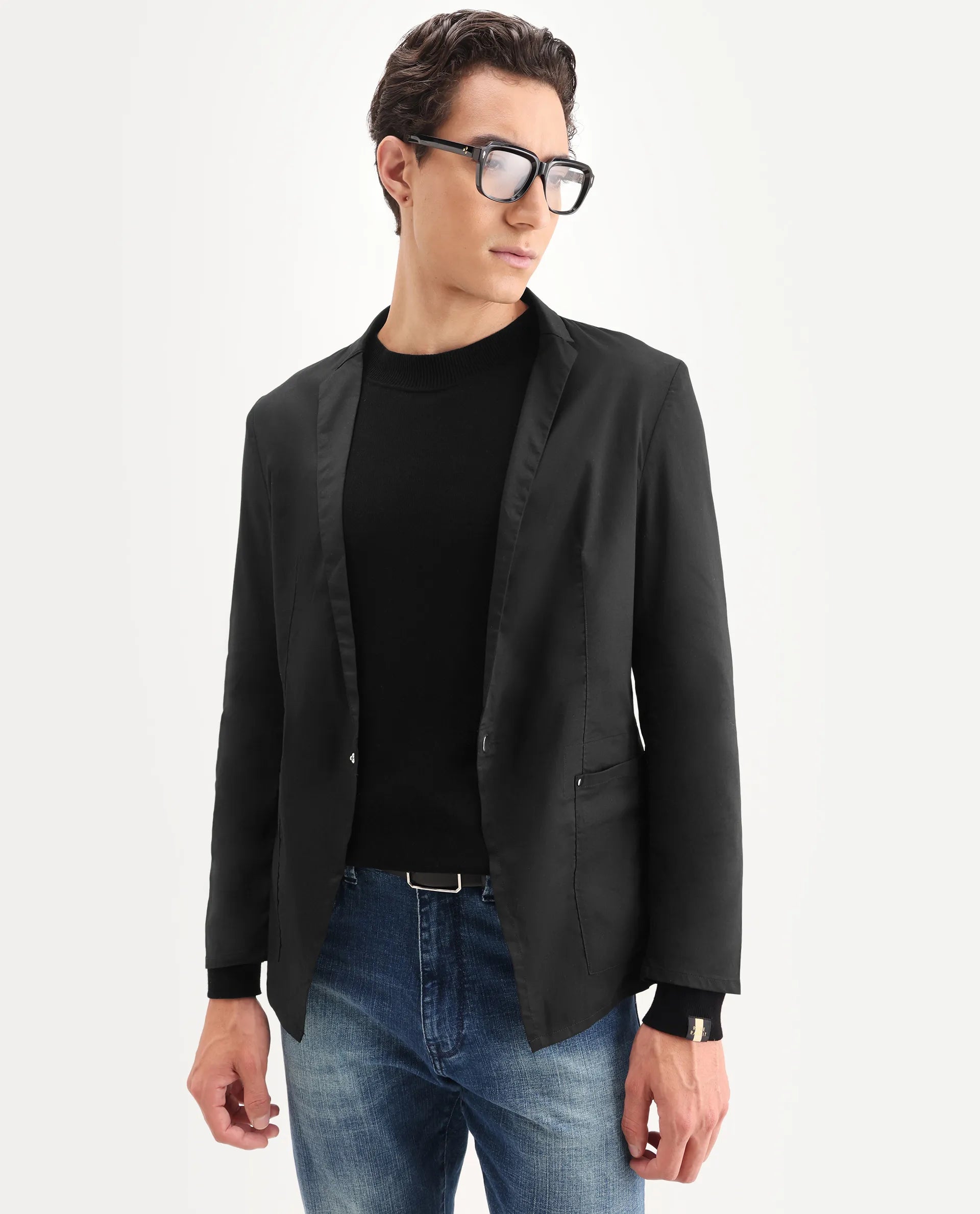 Rare Rabbit Men's Glaze Black Viscose Plain Regular Fit Full Sleeve Lapel Neck Jacket