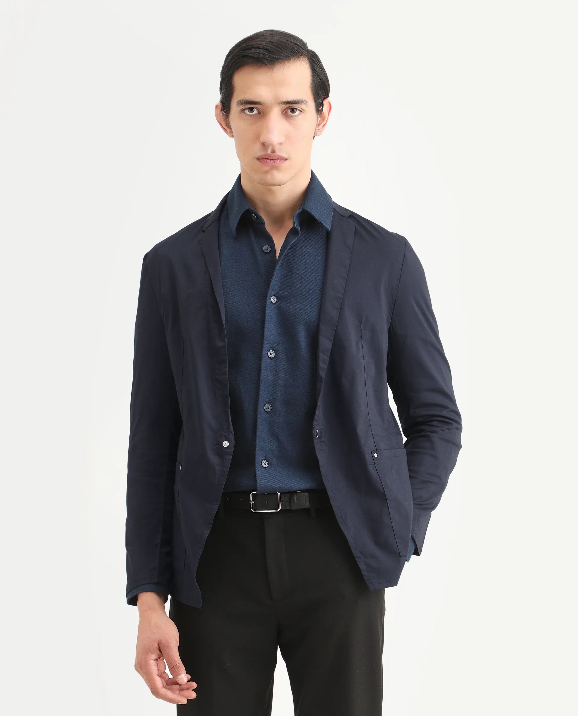 Rare Rabbit Men's Glaze Navy Cotton Blend Plain Regular Fit Full Sleeve Lapel Neck Jacket