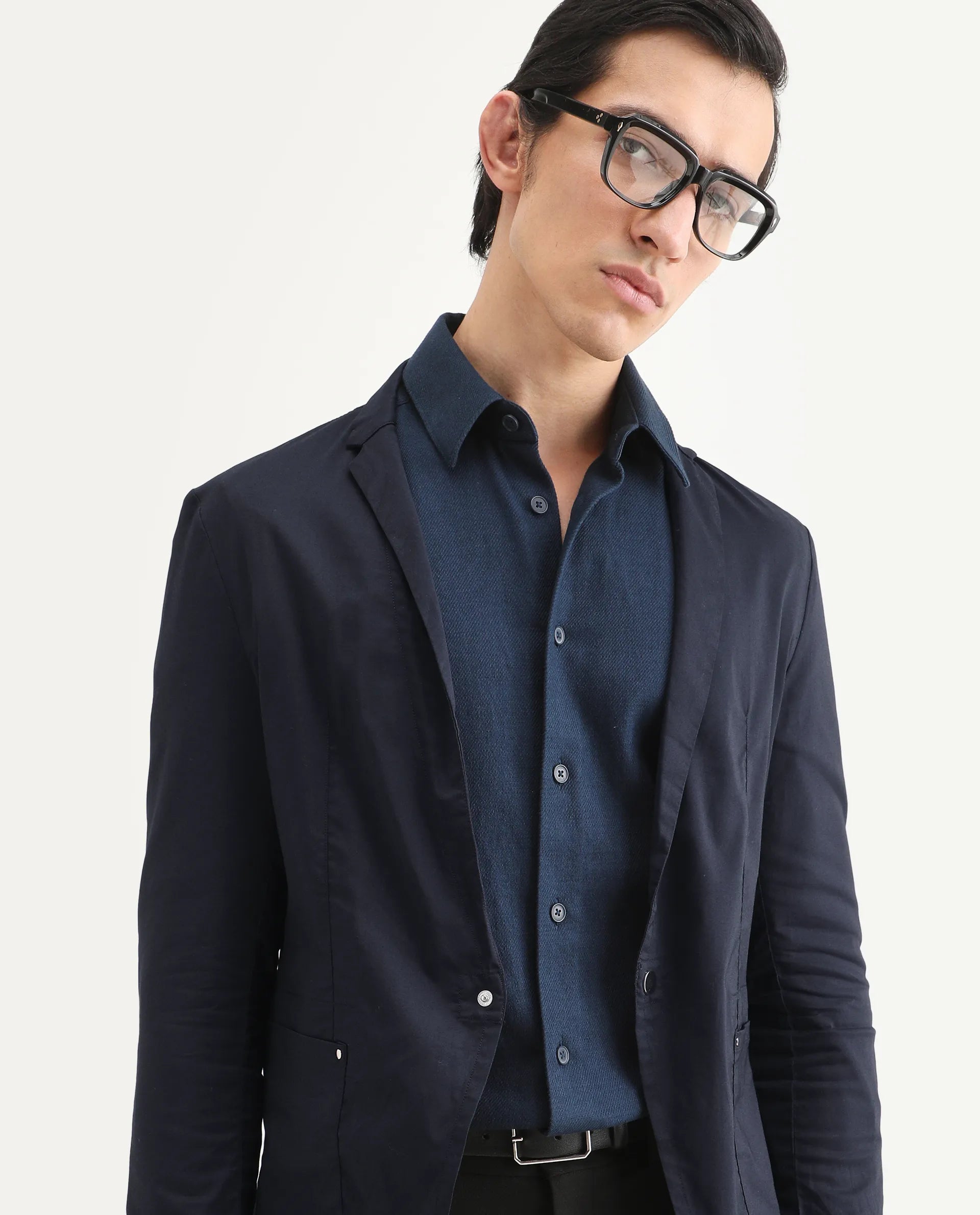 Rare Rabbit Men's Glaze Navy Cotton Blend Plain Regular Fit Full Sleeve Lapel Neck Jacket