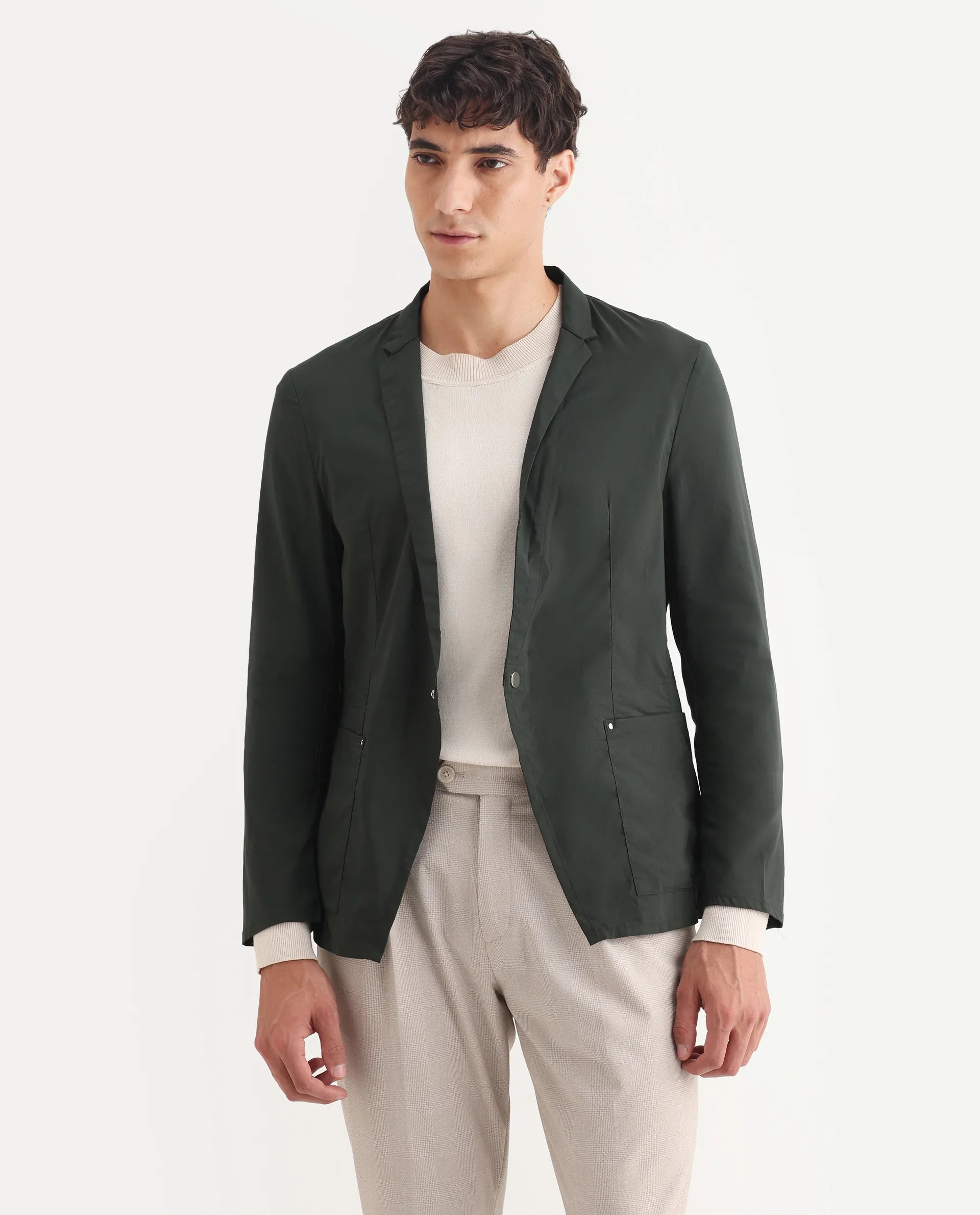 Rare Rabbit Men's Glaze Green Viscose Plain Regular Fit Full Sleeve Lapel Neck Jacket