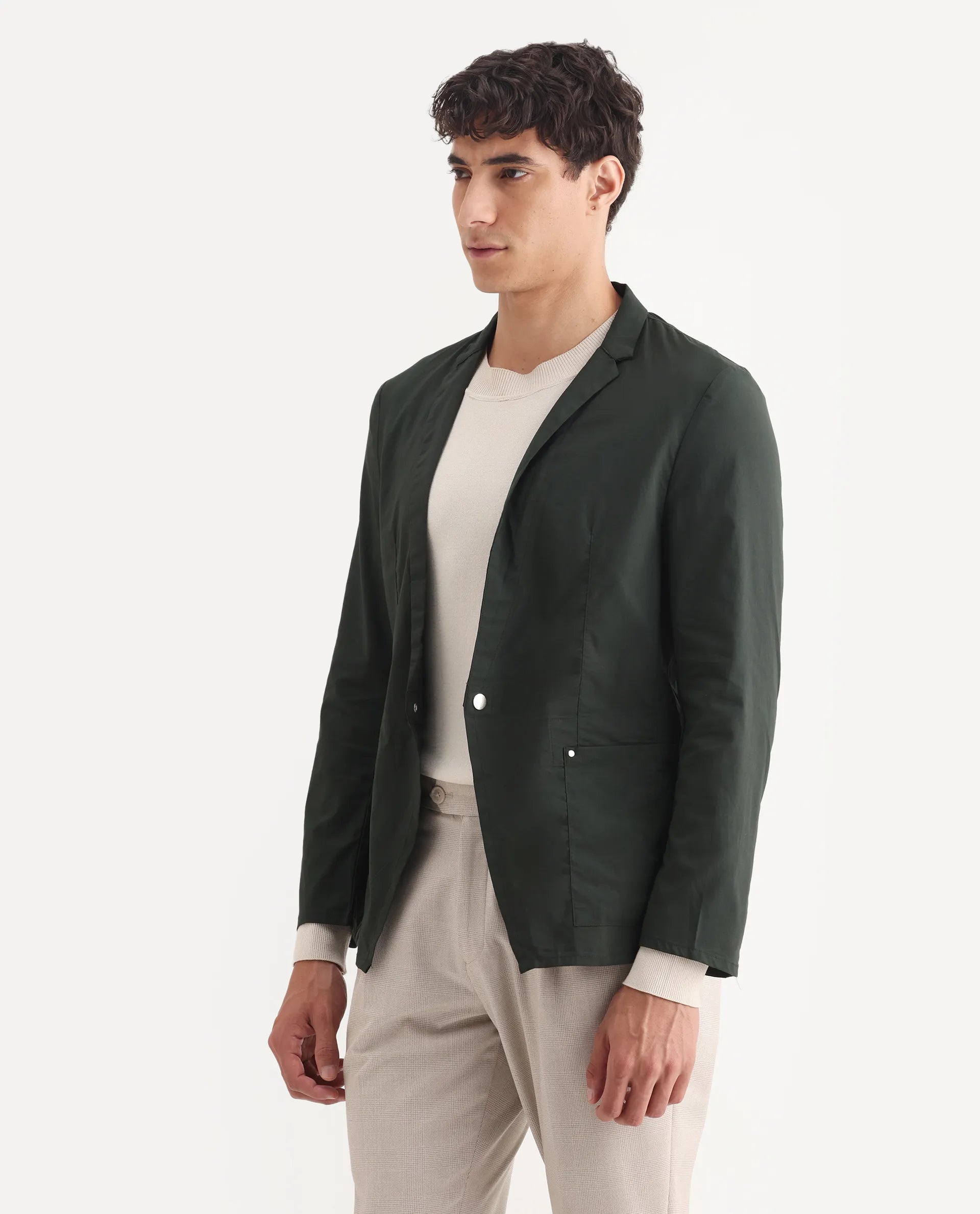 Rare Rabbit Men's Glaze Green Viscose Plain Regular Fit Full Sleeve Lapel Neck Jacket