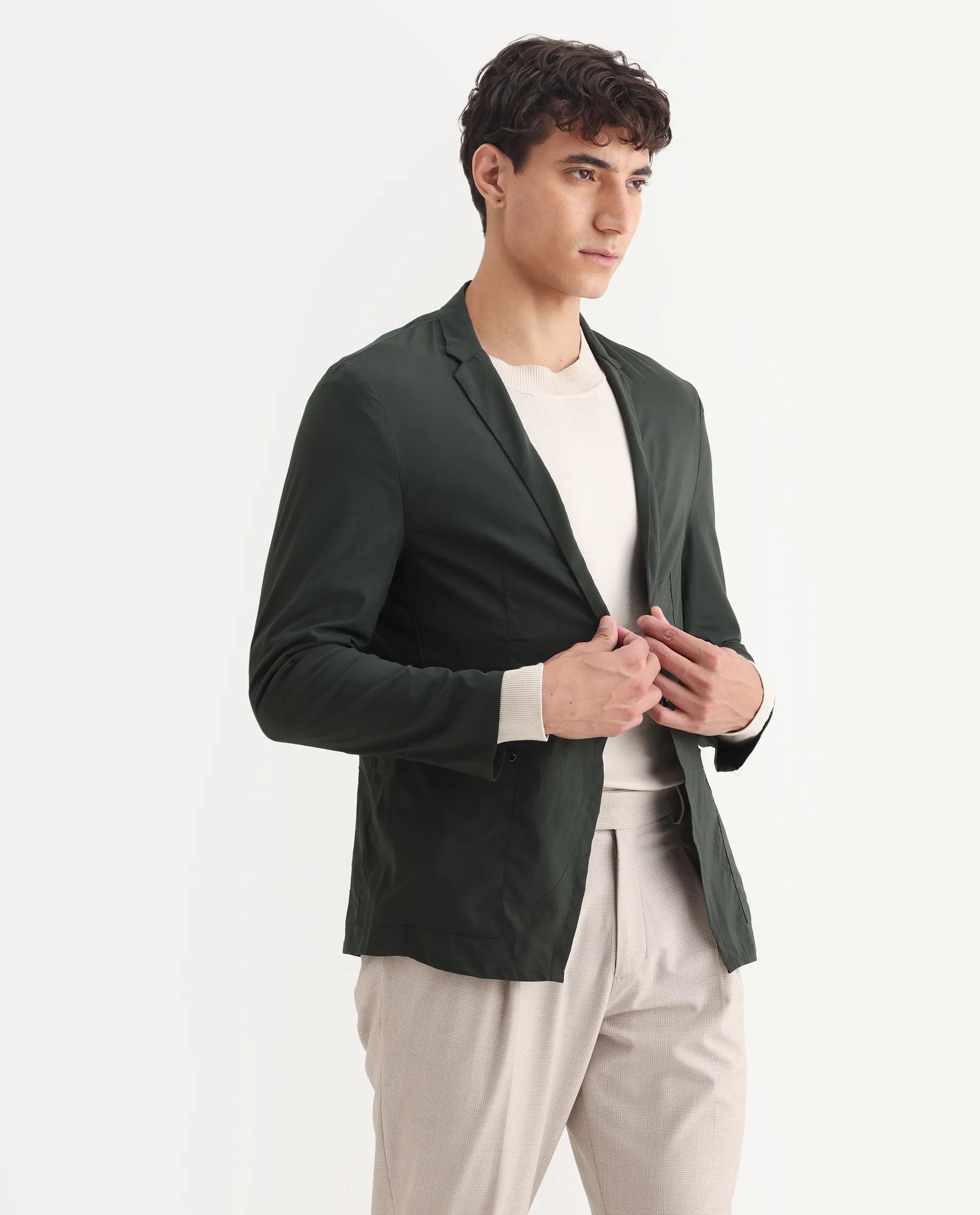 Rare Rabbit Men's Glaze Green Viscose Plain Regular Fit Full Sleeve Lapel Neck Jacket