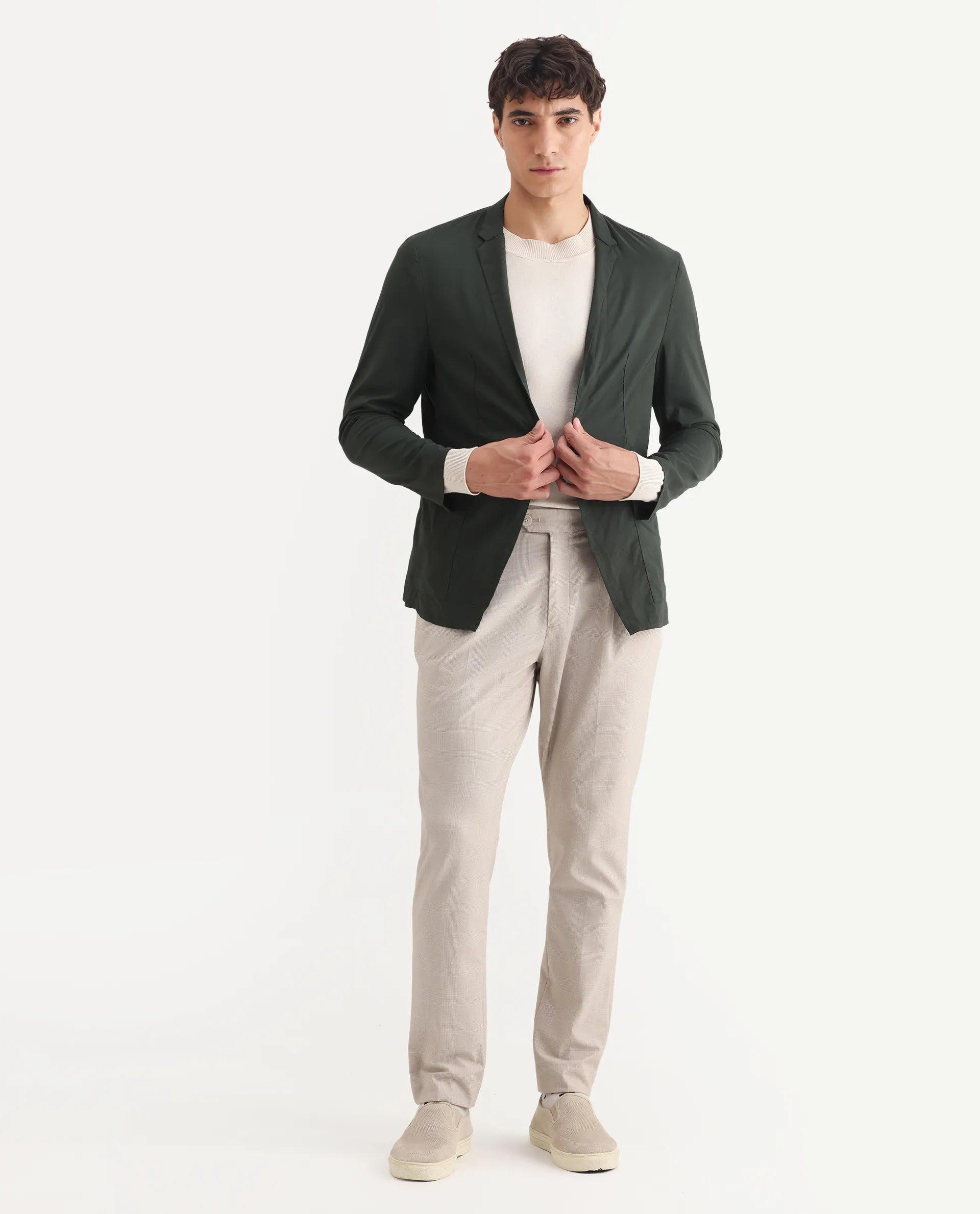 Rare Rabbit Men's Glaze Green Viscose Plain Regular Fit Full Sleeve Lapel Neck Jacket