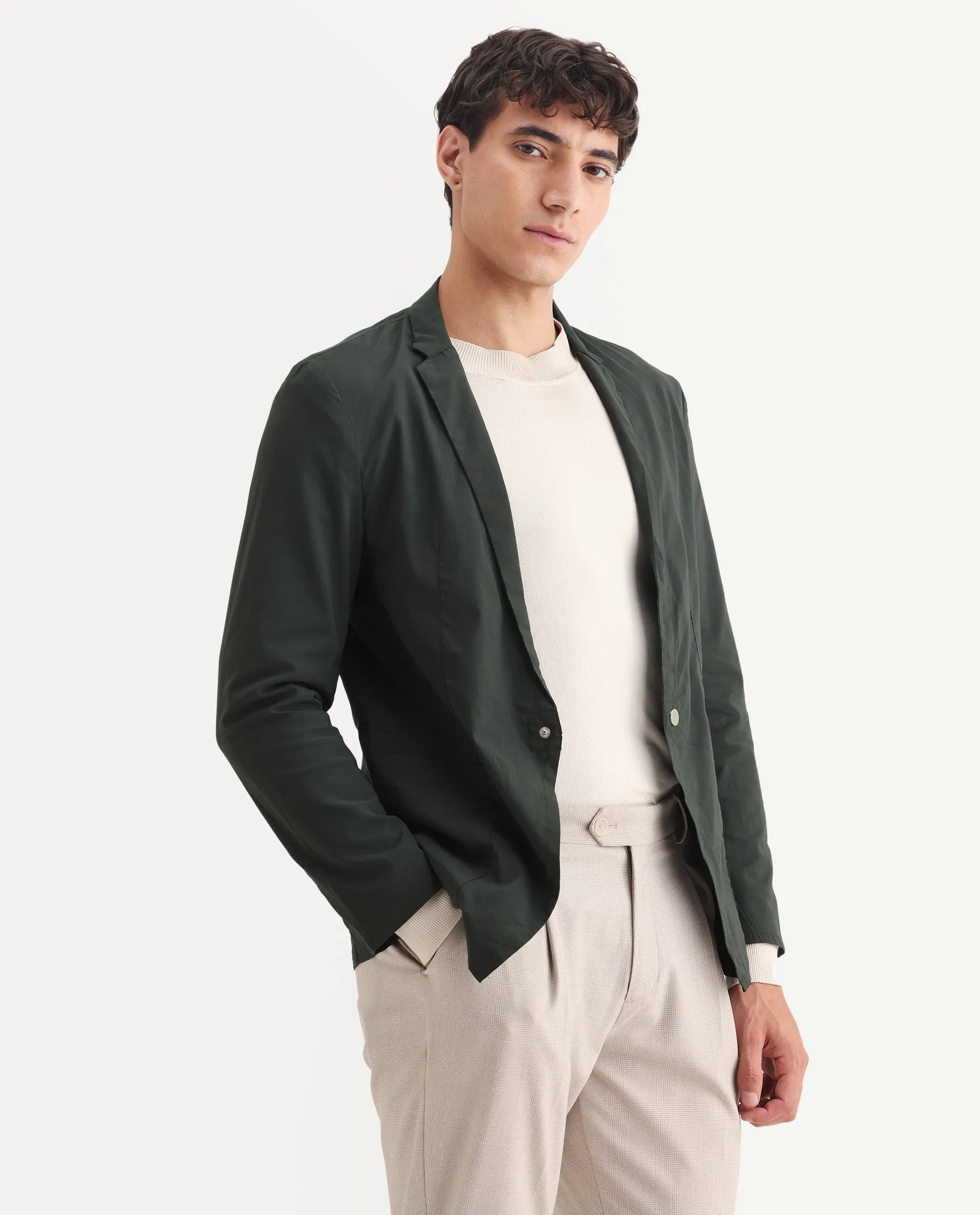 Rare Rabbit Men's Glaze Green Viscose Plain Regular Fit Full Sleeve Lapel Neck Jacket