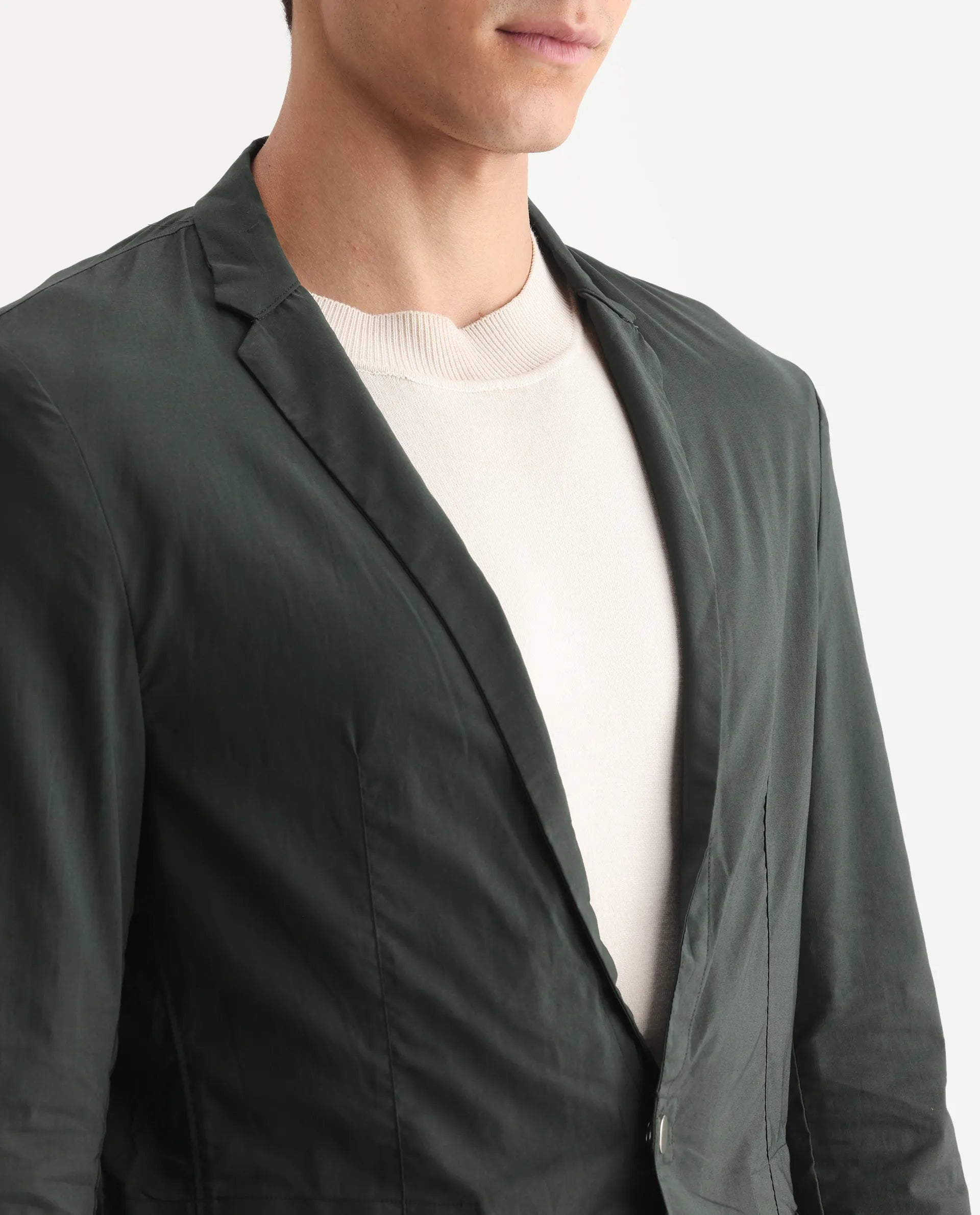 Rare Rabbit Men's Glaze Green Viscose Plain Regular Fit Full Sleeve Lapel Neck Jacket
