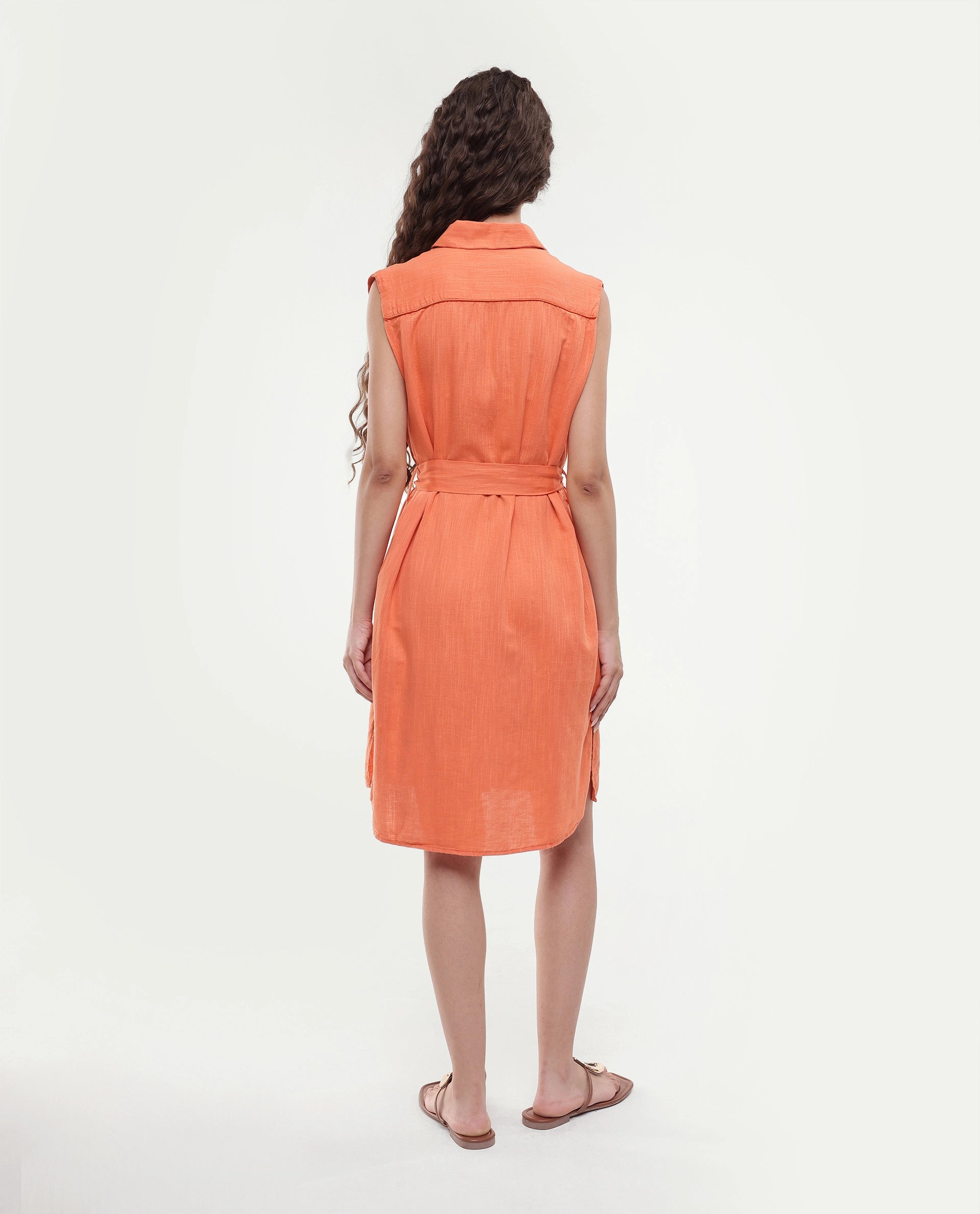 Rareism Women's Zolaa Orange Linen Spread Collar Plain Sleeveless Mini Regular Fit Dress