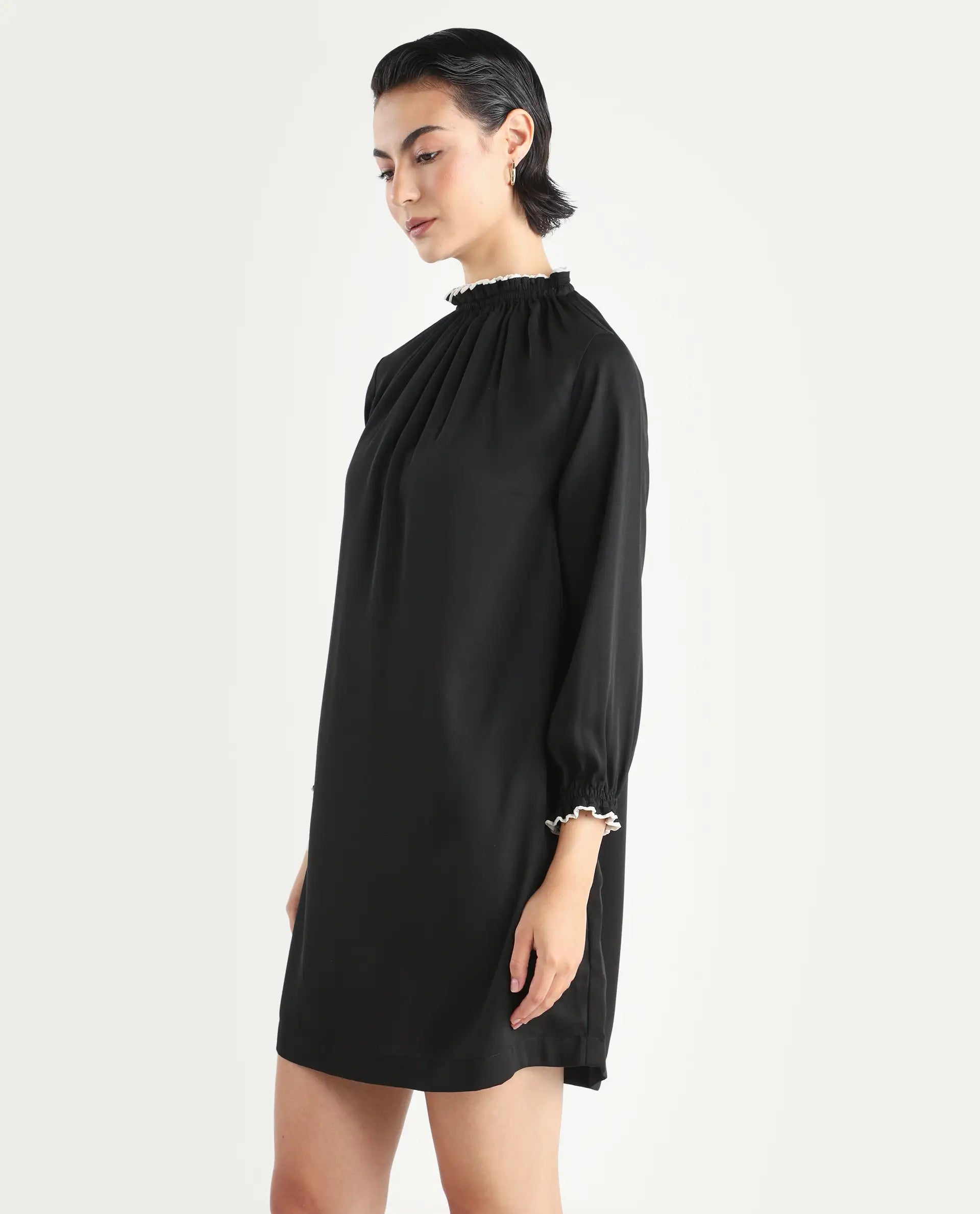 Rareism Women's Spoke Black Polyester Crew Neck Plain Knee Length Relaxed Fit Dress
