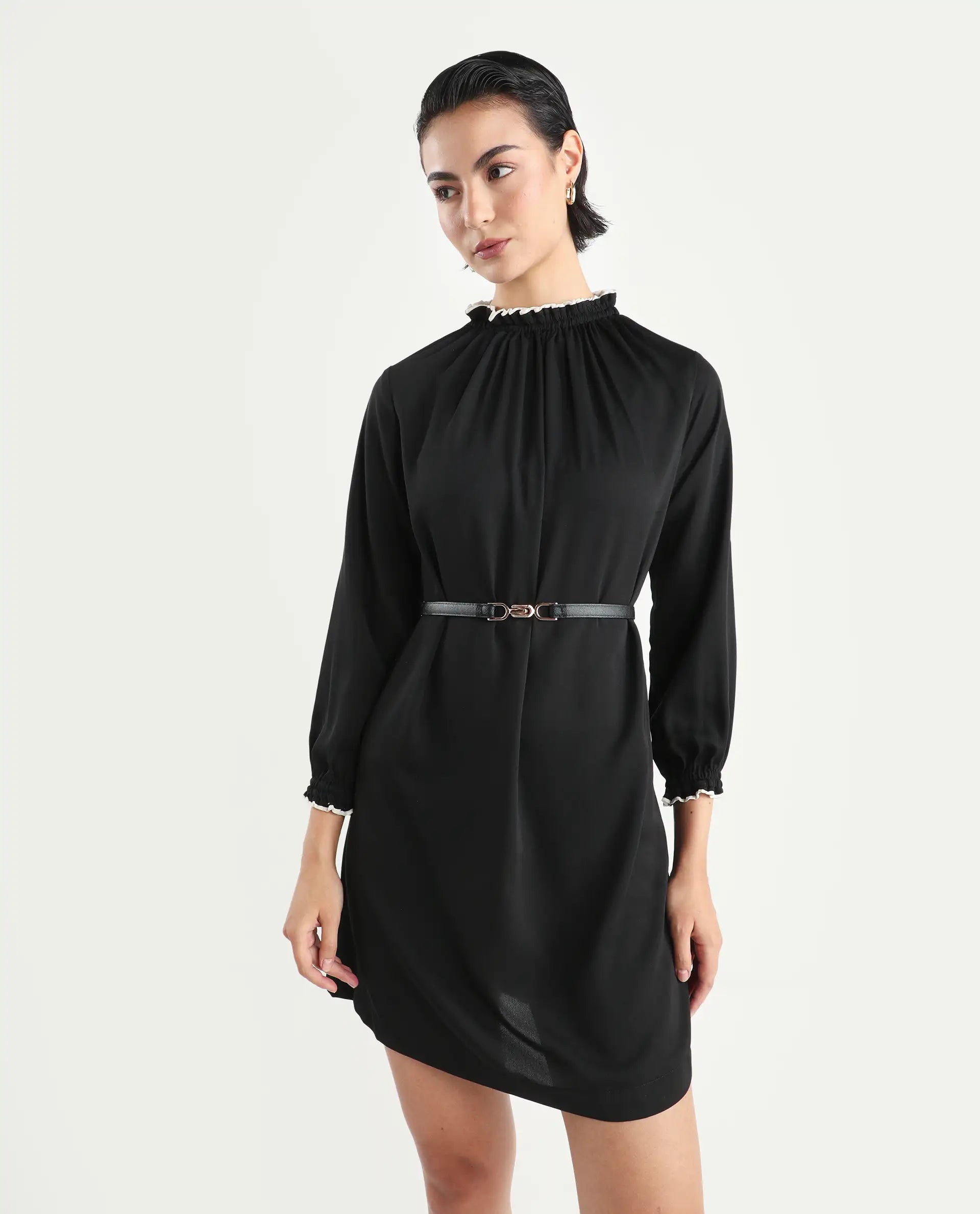 Rareism Women's Spoke Black Polyester Crew Neck Plain Knee Length Relaxed Fit Dress