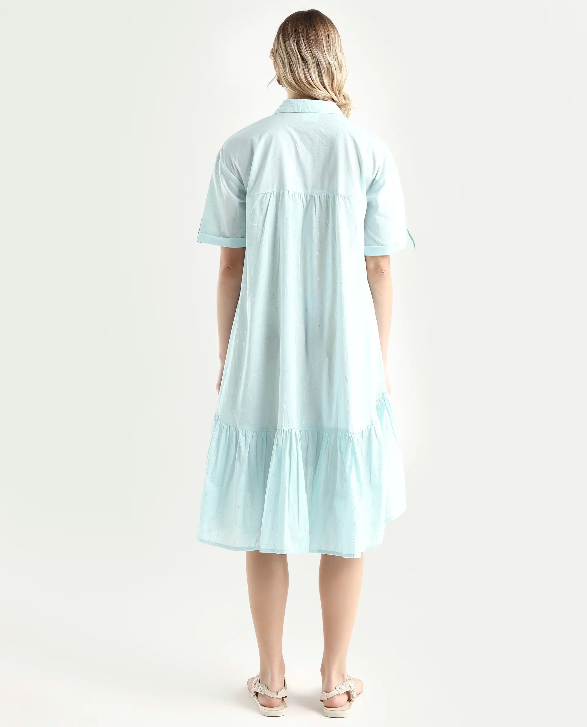 Rareism Women's Loaf Turq Cotton Spread Collar Plain Knee Length Flared Dress