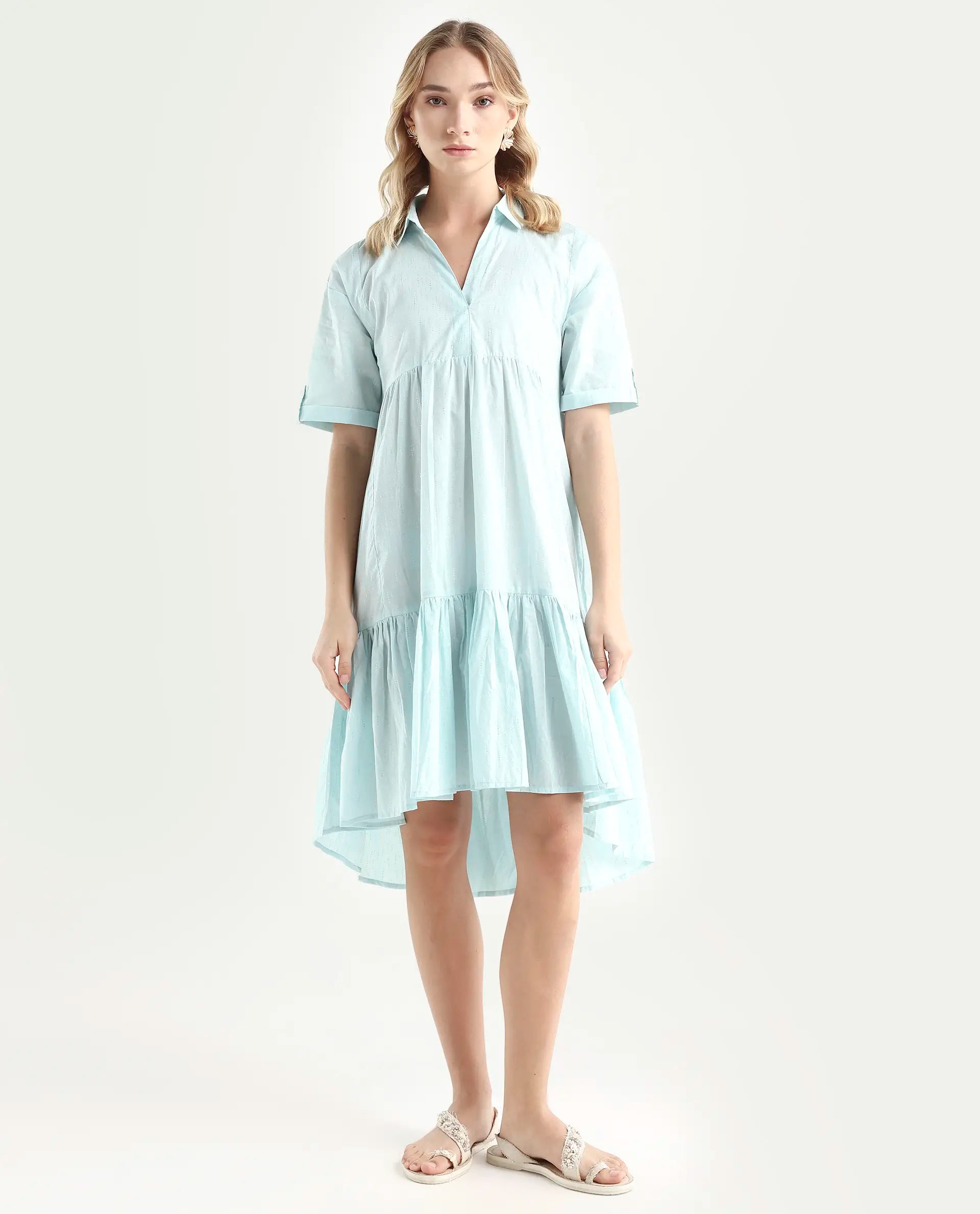 Rareism Women's Loaf Turq Cotton Spread Collar Plain Knee Length Flared Dress