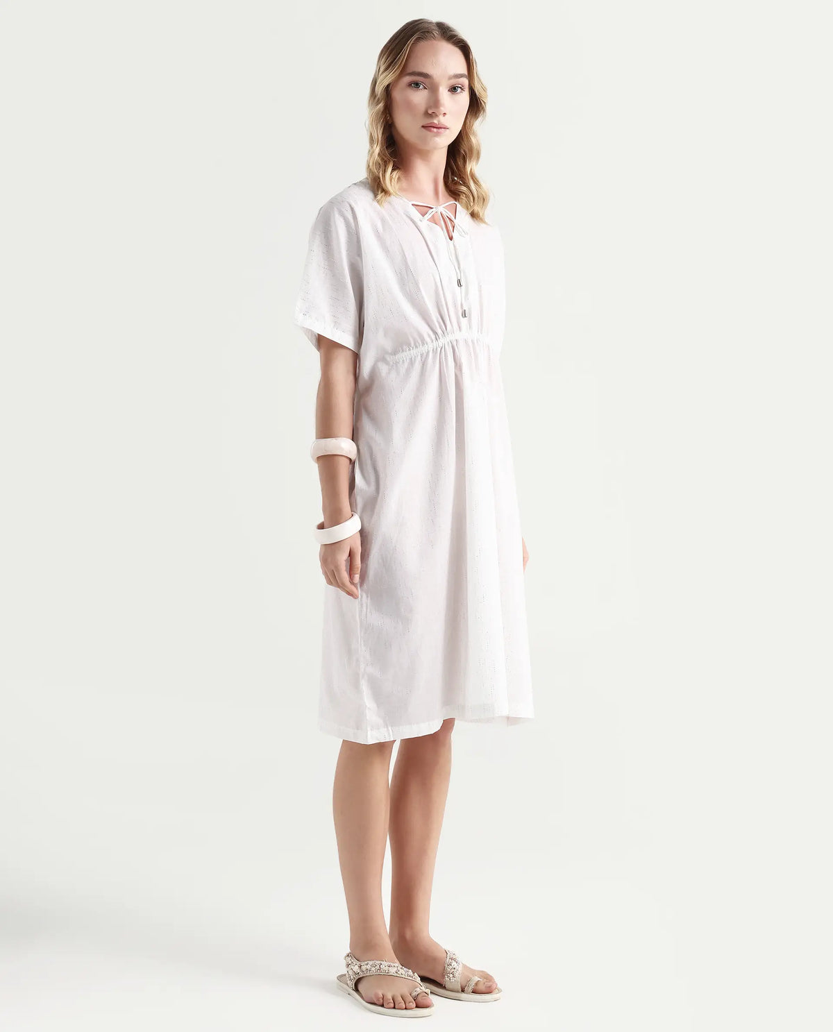 Rareism Women's Shawn White Cotton Tie-Up Neck Plain Extended Sleeves Knee Length Relaxed Fit Dress