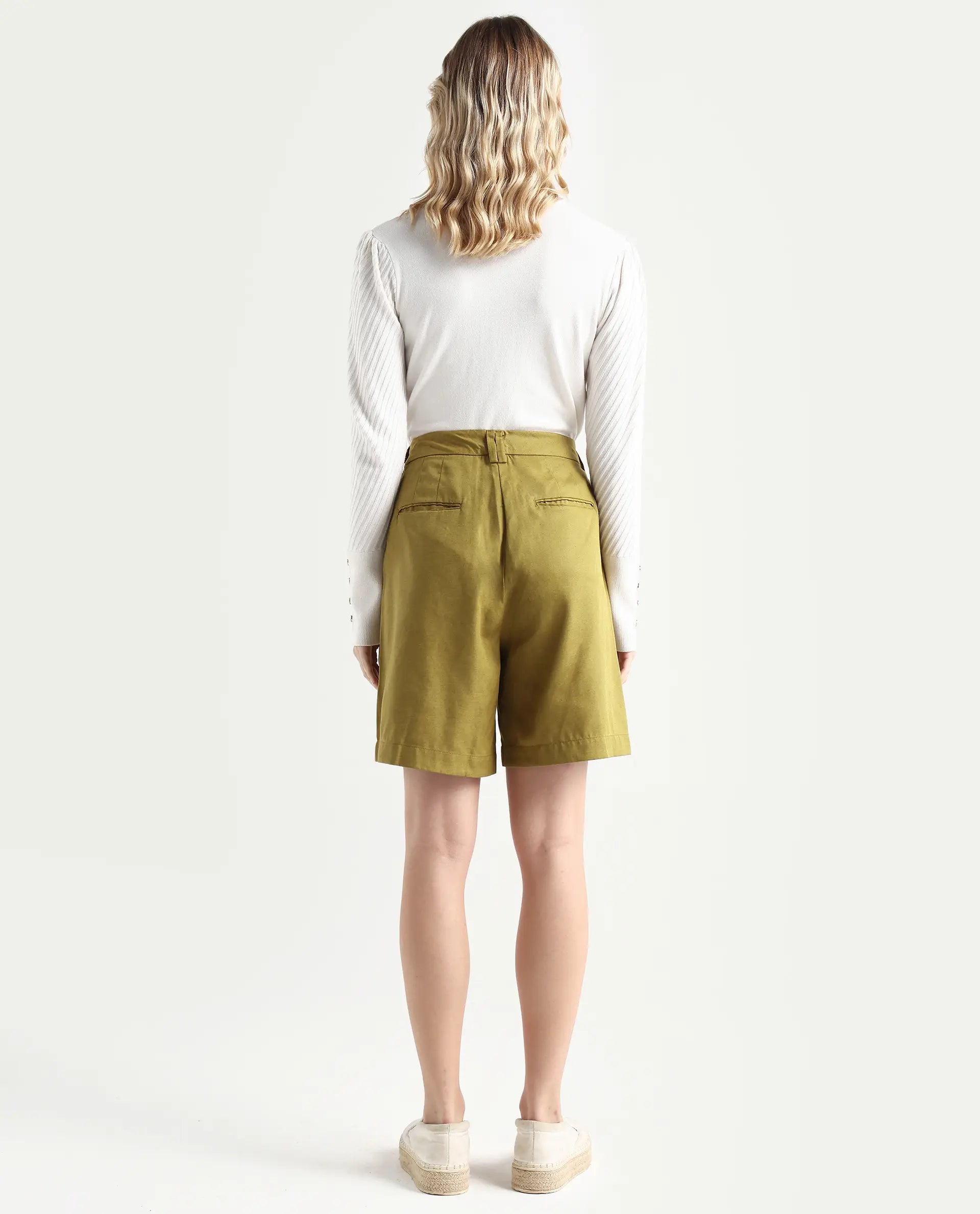 Rareism Women's Lamar Olive Lyocell Plain Mini Relaxed Fit Shorts