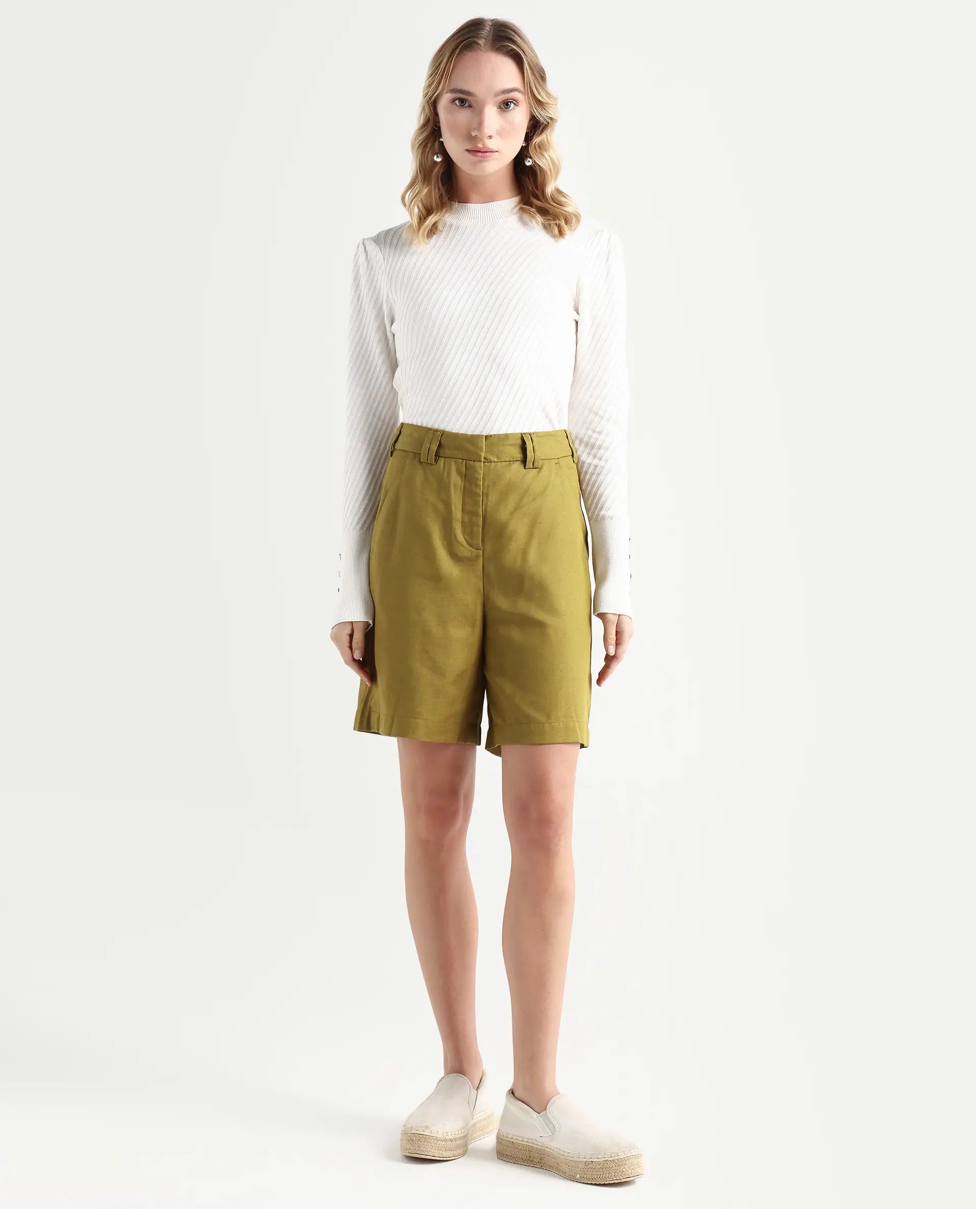 Rareism Women's Lamar Olive Lyocell Plain Mini Relaxed Fit Shorts