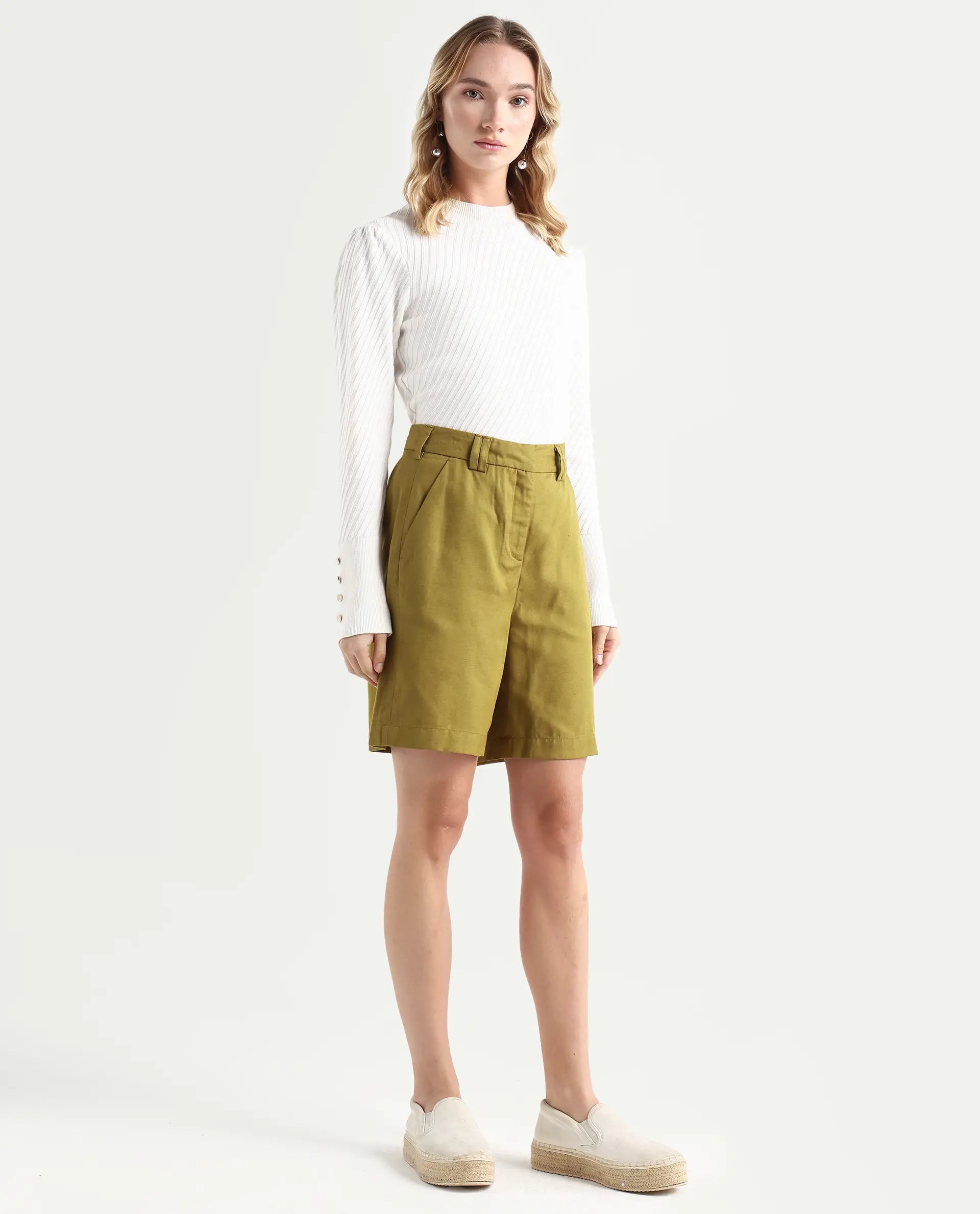 Rareism Women's Lamar Olive Lyocell Plain Mini Relaxed Fit Shorts