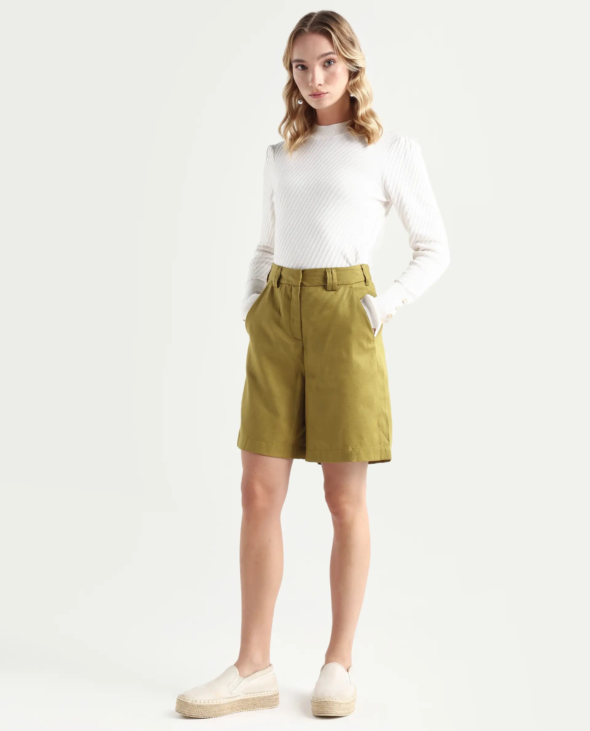 Rareism Women's Lamar Olive Lyocell Plain Mini Relaxed Fit Shorts
