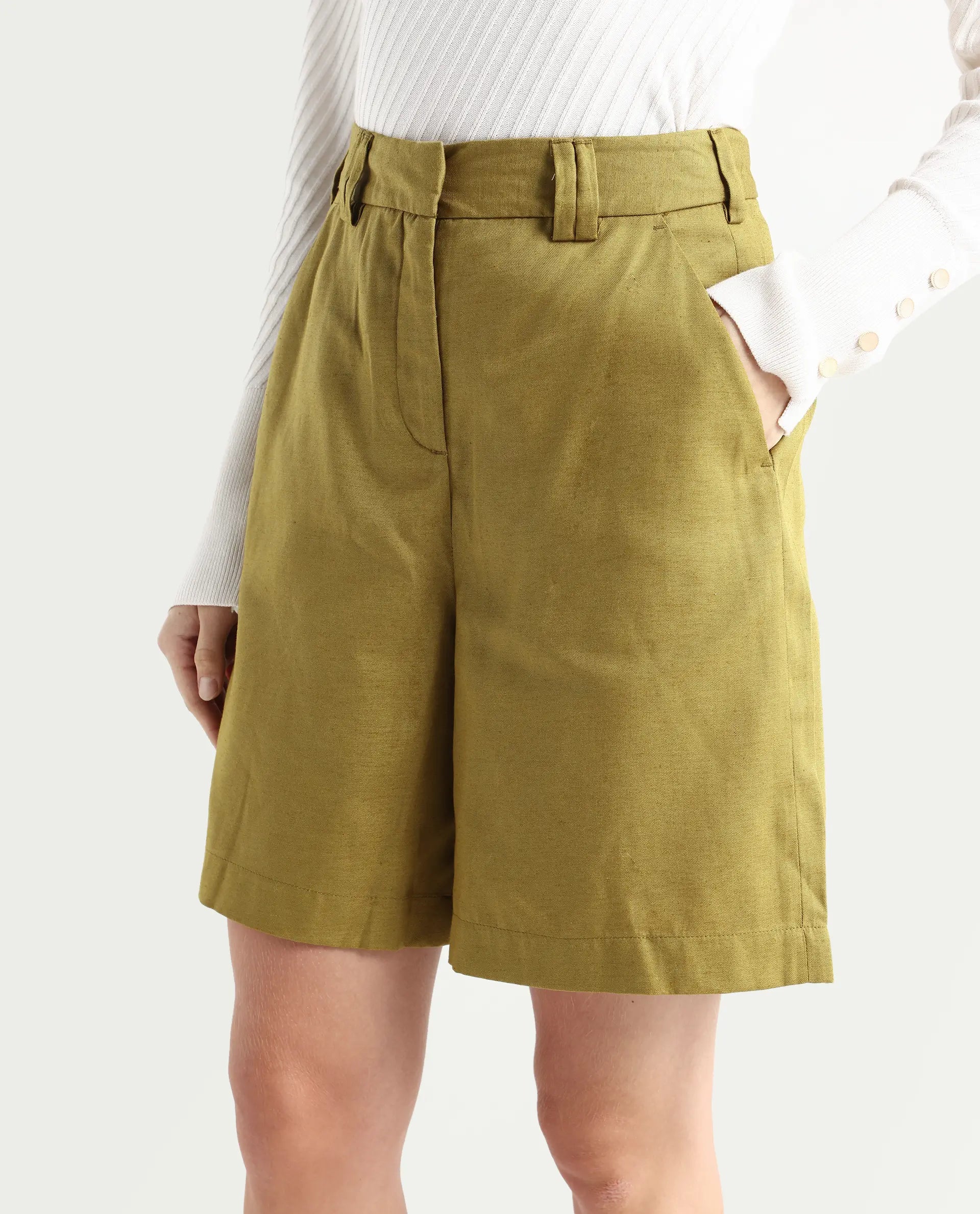 Rareism Women's Lamar Olive Lyocell Plain Mini Relaxed Fit Shorts
