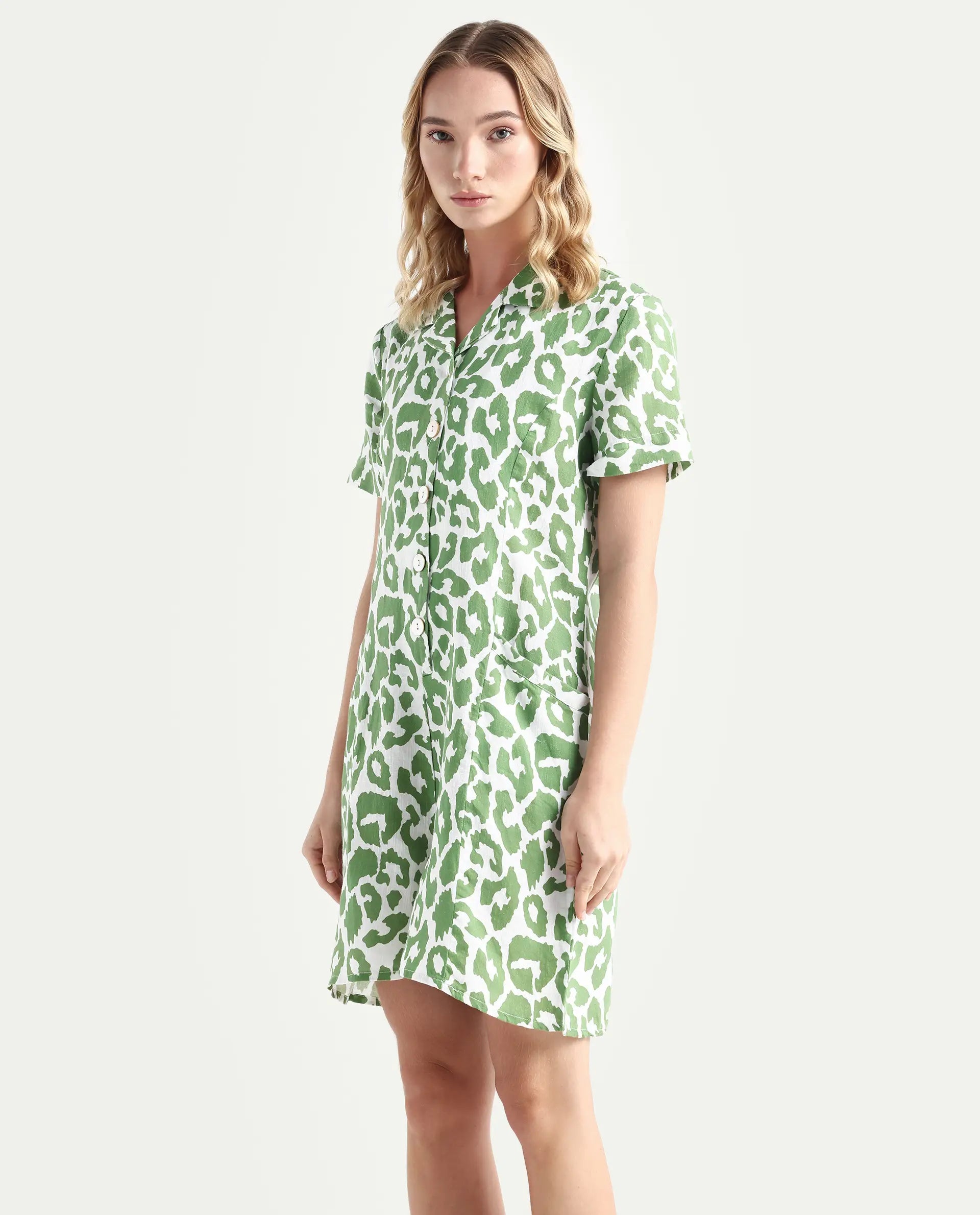 Rareism Women's Cleve White Linen Lapel Neck Abstract Print Relaxed Fit Playsuit