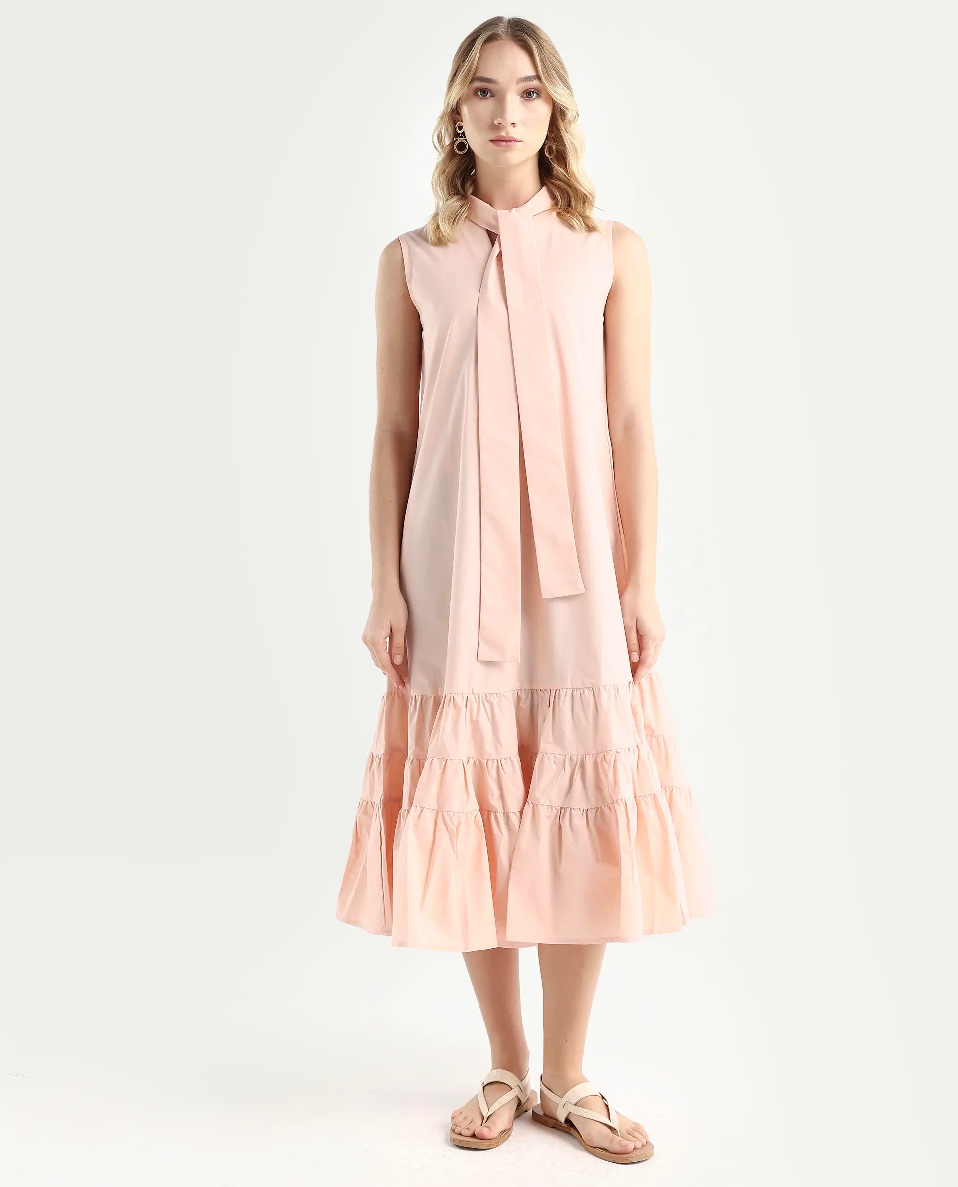 Rareism Women's Gino Peach Polyester Blend Tie-Up Neck Plain Sleeveless Knee Length Regular Fit Dress