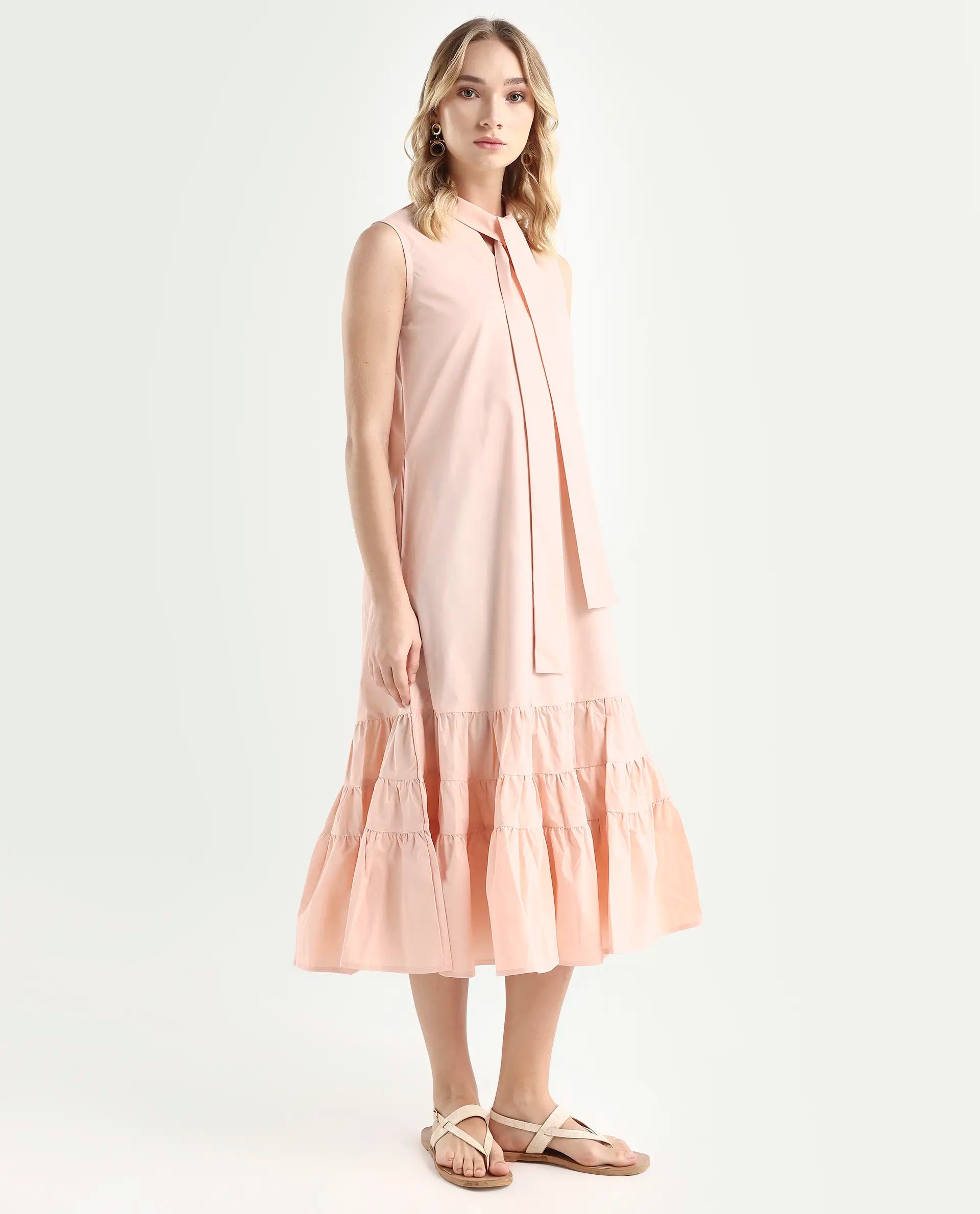 Rareism Women's Gino Peach Polyester Blend Tie-Up Neck Plain Sleeveless Knee Length Regular Fit Dress