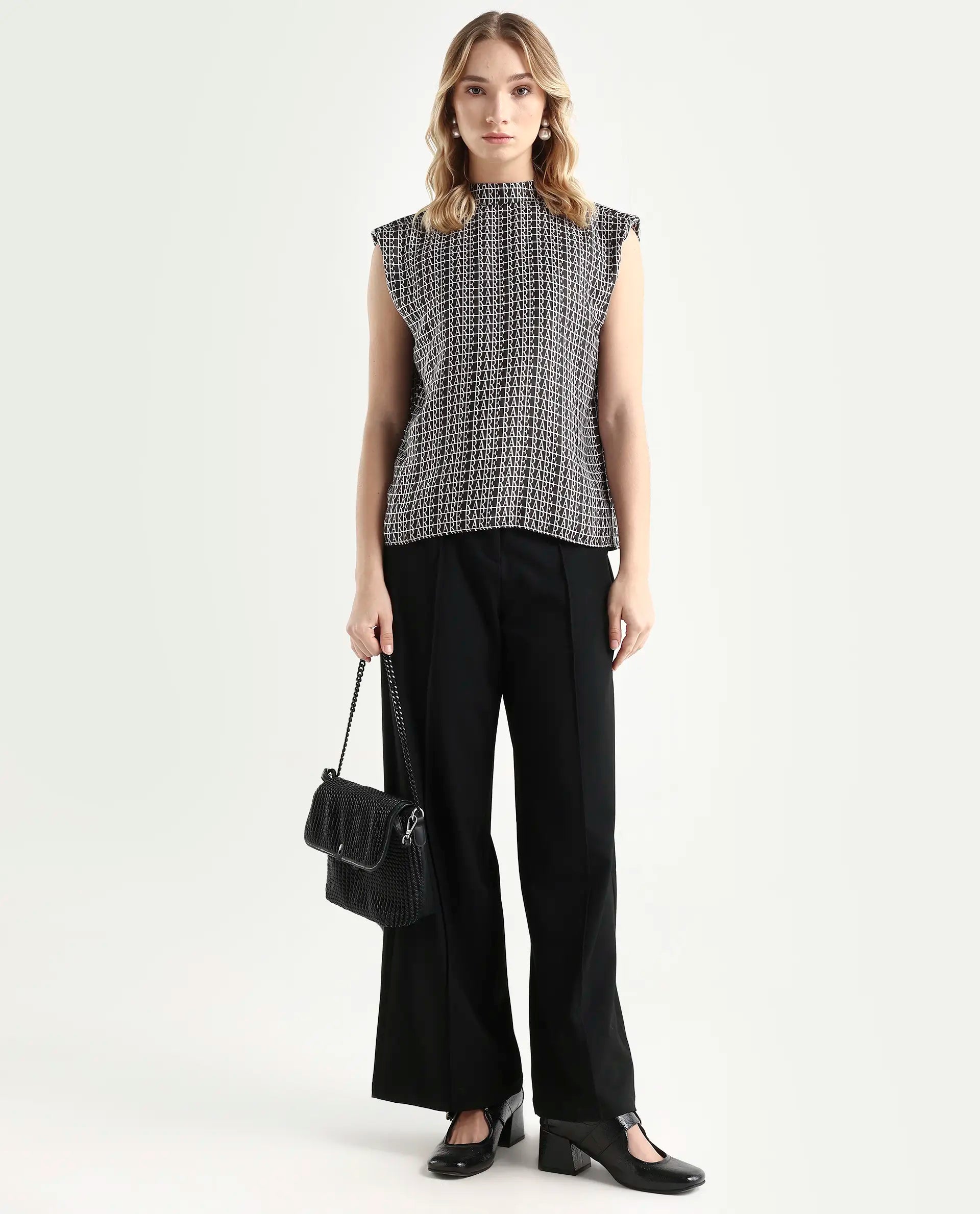 Rareism Women's Remont Black High Neck Printed Knee Length Regular Fit Top