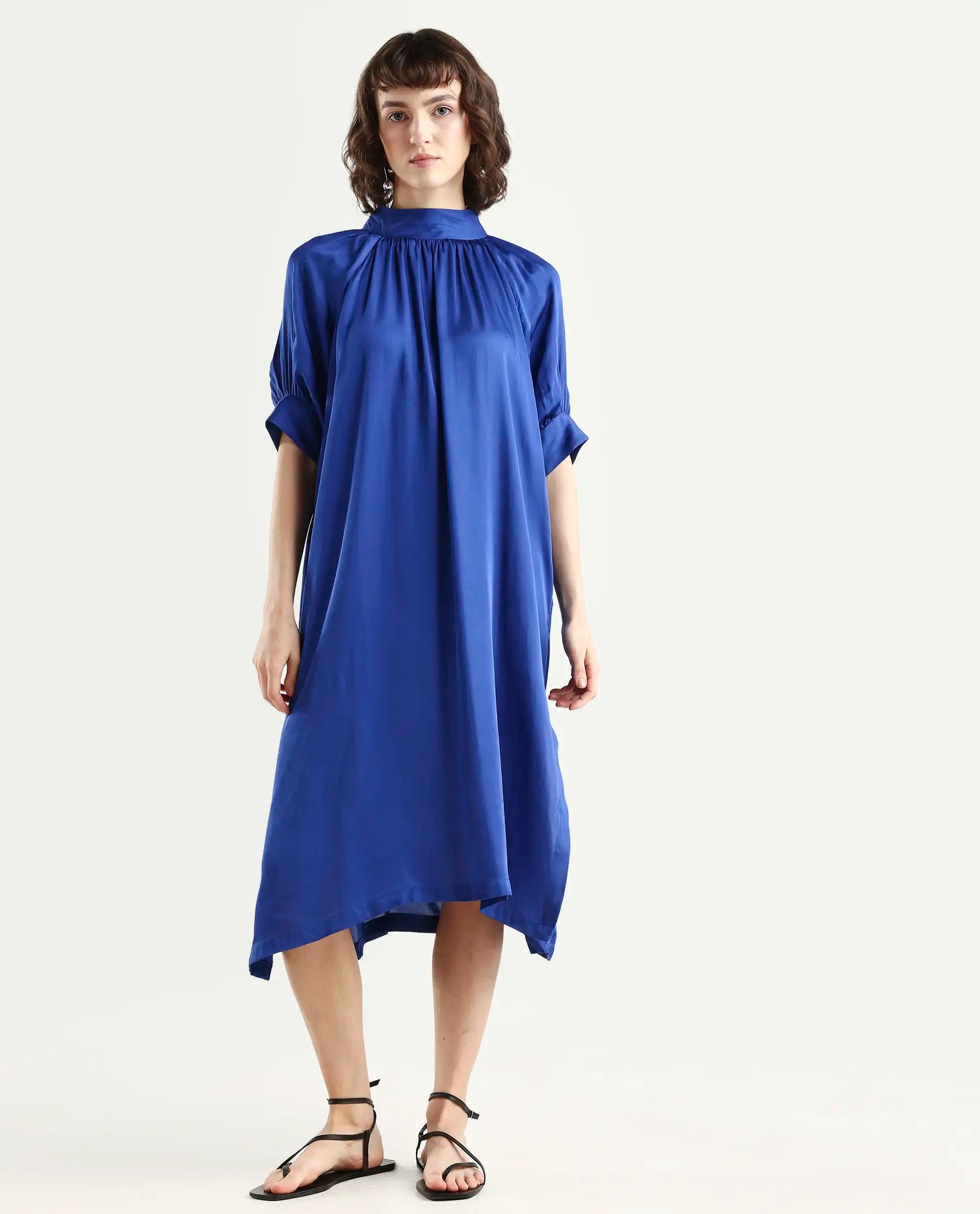 Rareism Women's Shiver Blue Modal Blend Sweetheart Neck Plain Puff Sleeves Midi Regular Fit Dress