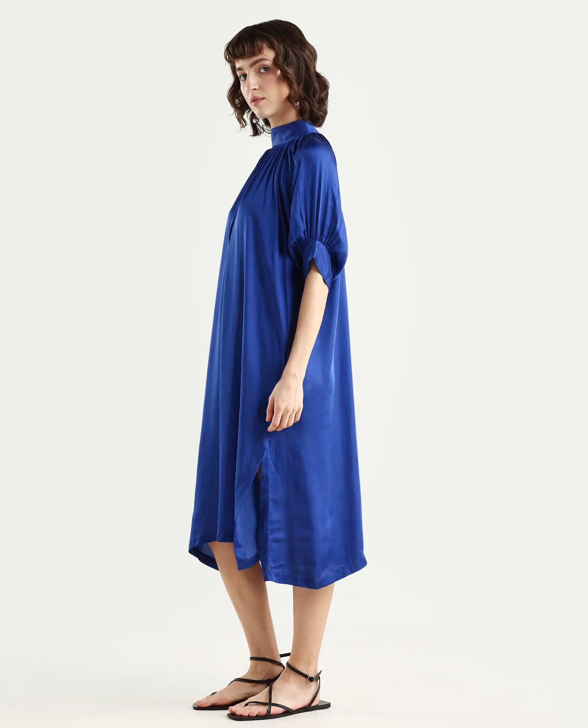 Rareism Women's Shiver Blue Modal Blend Sweetheart Neck Plain Puff Sleeves Midi Regular Fit Dress