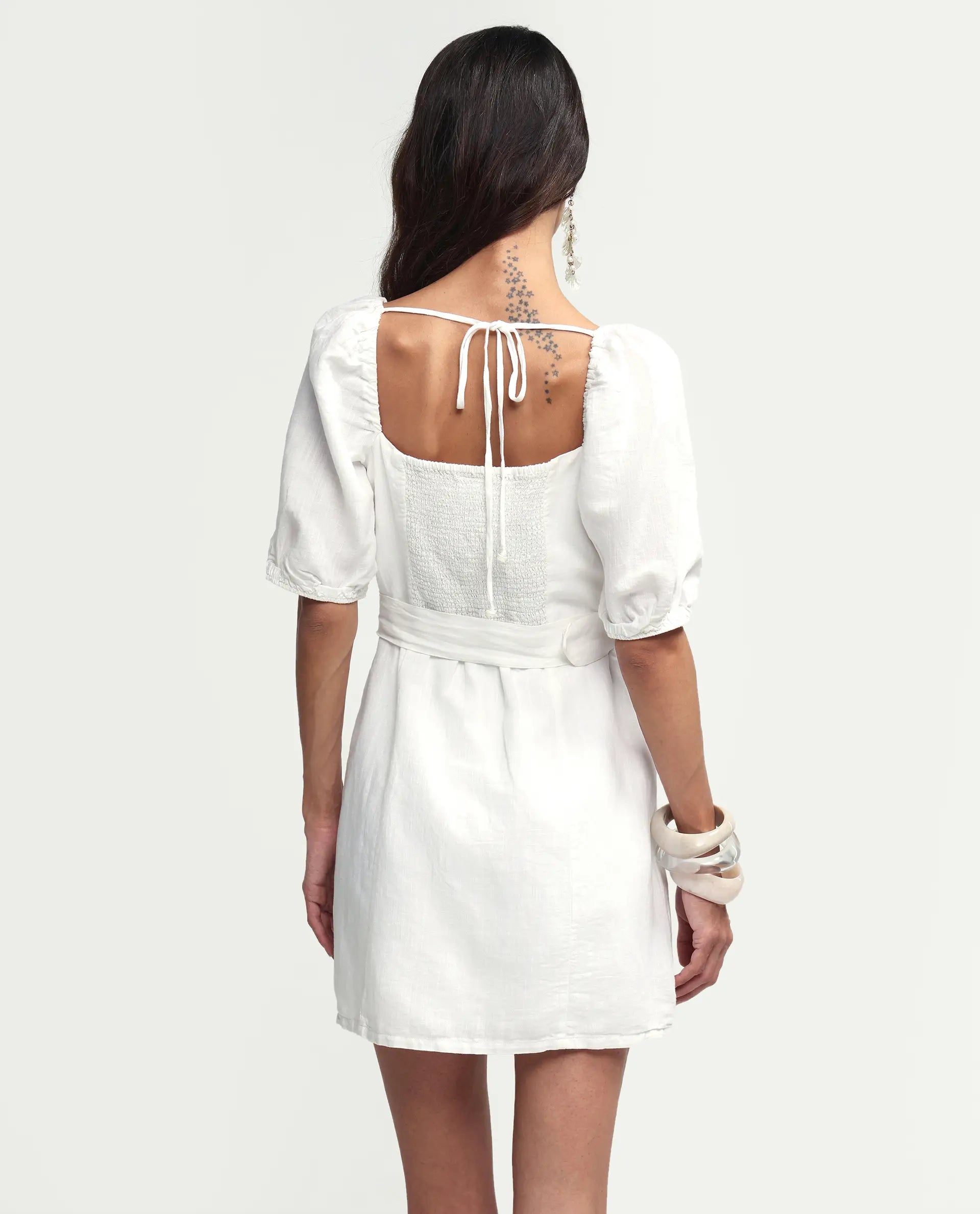 Rareism Women's Uptown White Linen Square Neck Plain Puff Sleeves Mini Slim Fit Dress