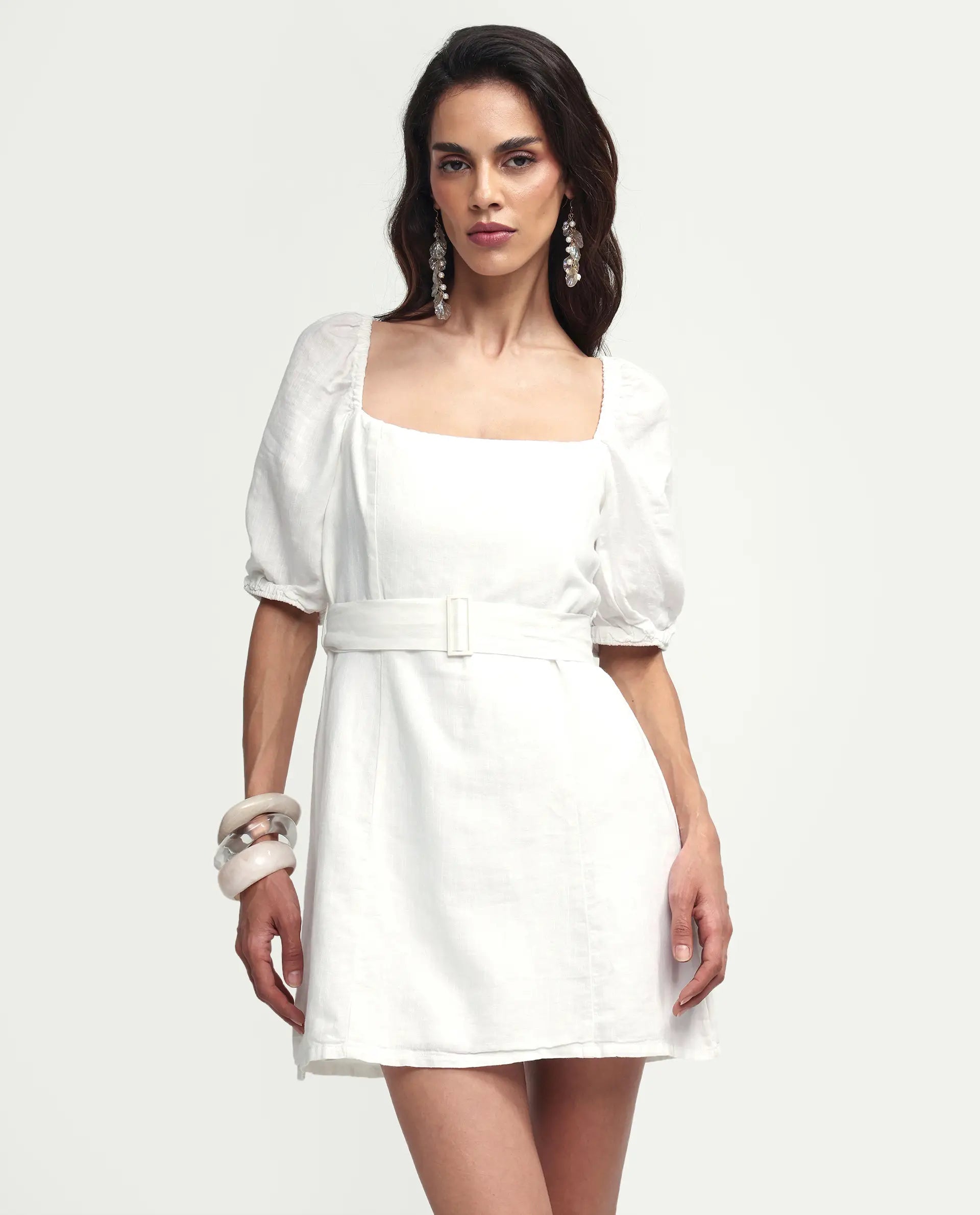 Rareism Women's Uptown White Linen Square Neck Plain Puff Sleeves Mini Slim Fit Dress