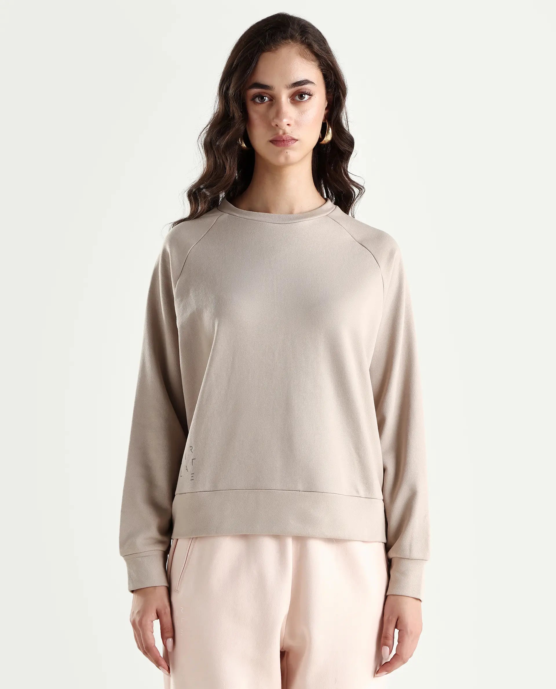 Rareism Women's Medium Weight Terry 290 Gsm Cotton Blend Crew Neck Plain Cuffed Sleeve Relaxed Fit Sweatshirt