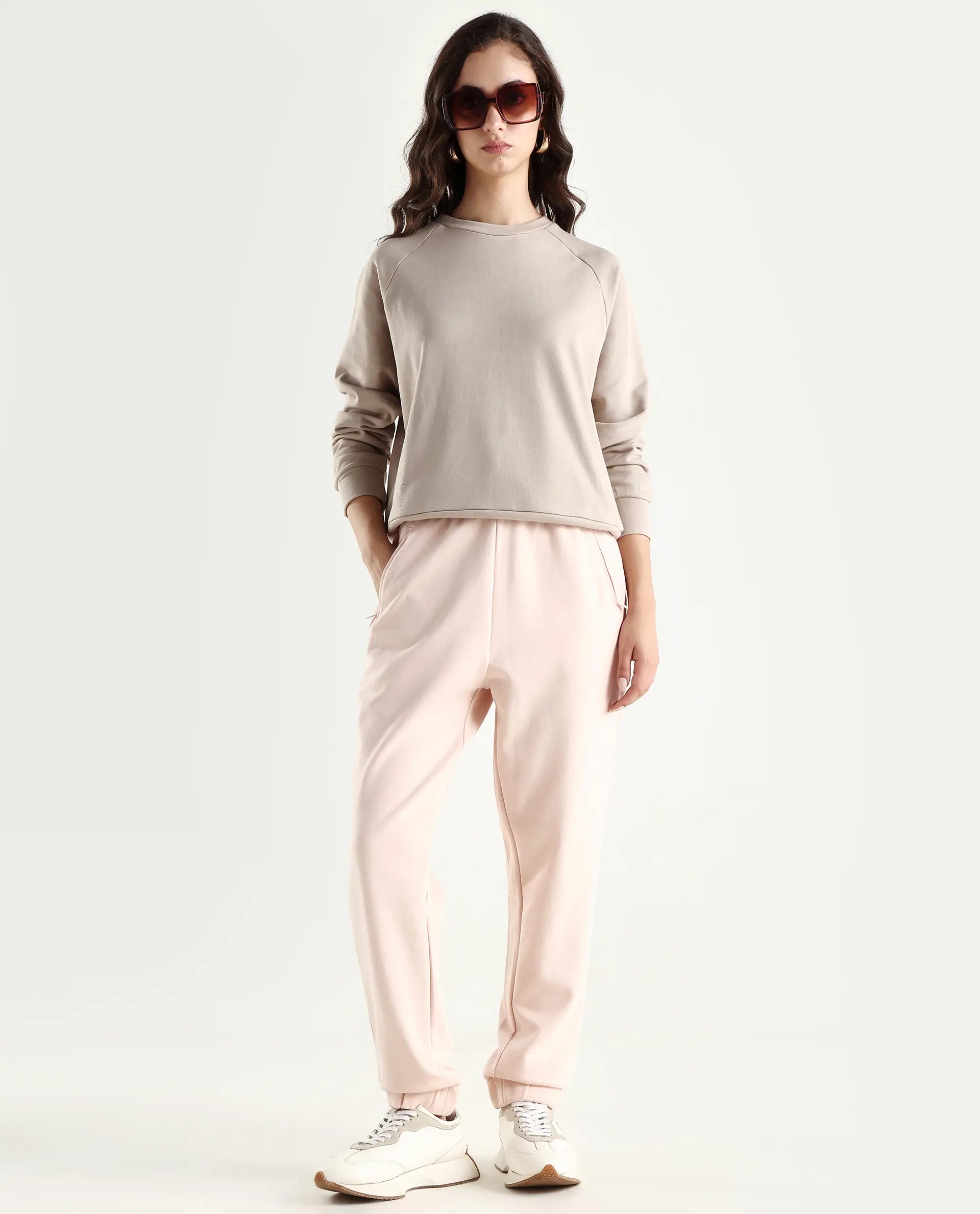 Rareism Women's Medium Weight Terry 290 Gsm Cotton Blend Crew Neck Plain Cuffed Sleeve Relaxed Fit Sweatshirt