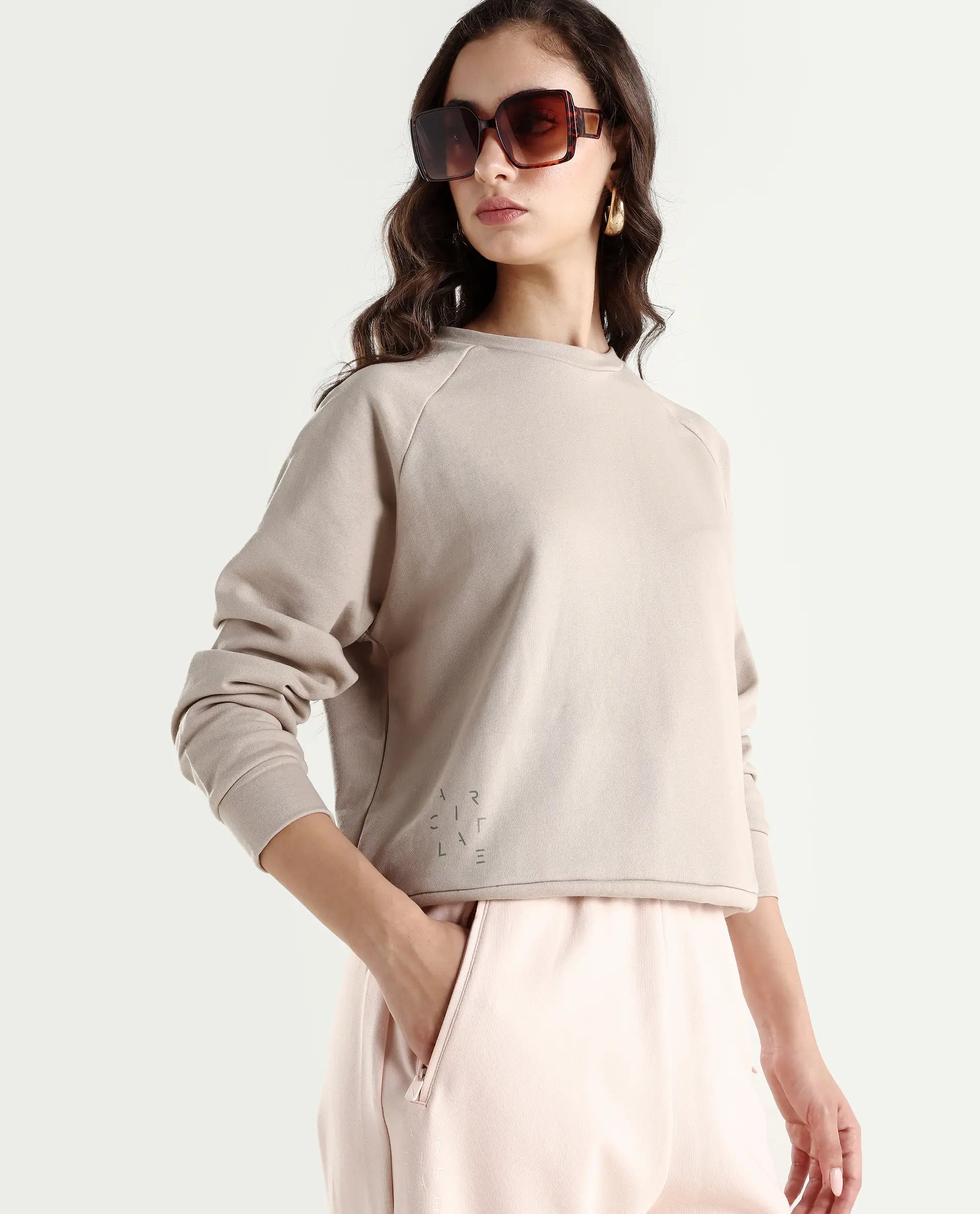 Rareism Women's Medium Weight Terry 290 Gsm Cotton Blend Crew Neck Plain Cuffed Sleeve Relaxed Fit Sweatshirt