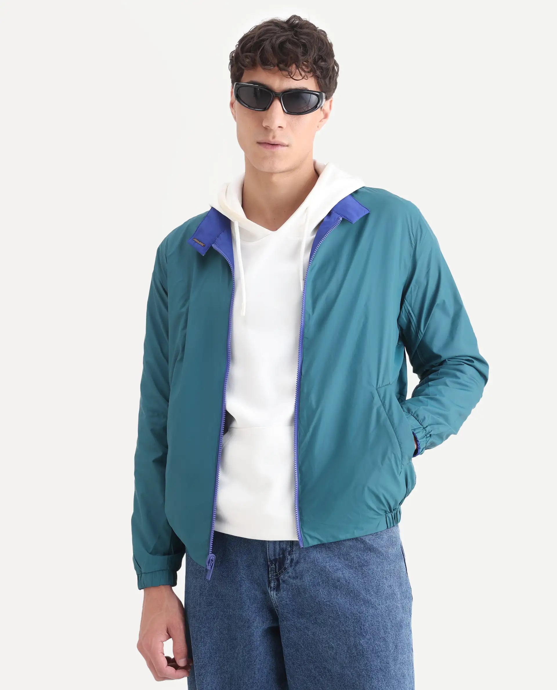 Rare Rabbit Men's Adol Petrol Polyester Plain Regular Fit Full Sleeve Mandarin Collar Jacket