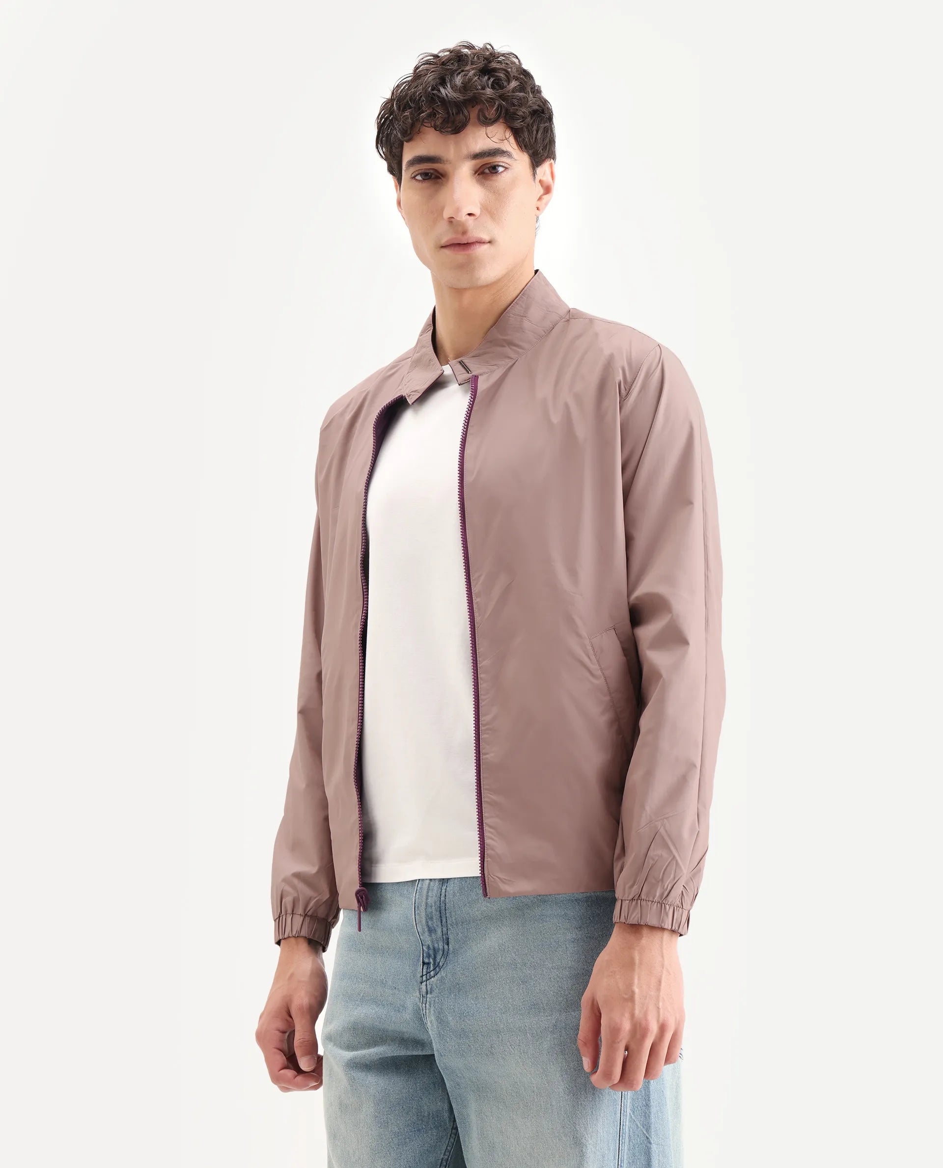 Rare Rabbit Men's Adol Maroon Polyester Plain Regular Fit Full Sleeve Mandarin Collar Jacket