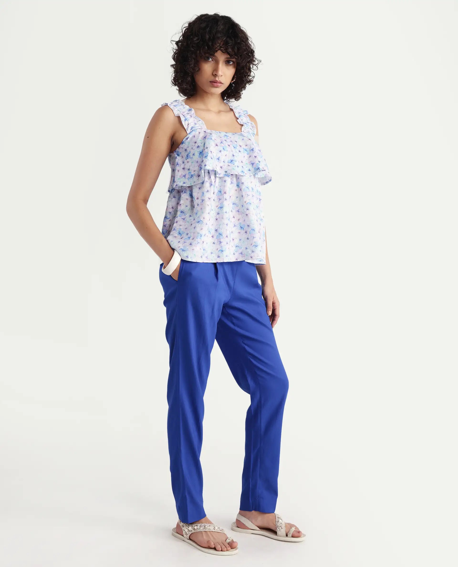 Rareism Women's Pansy Navy Cotton Blend Plain Ankle Length Slim Fit Jeans