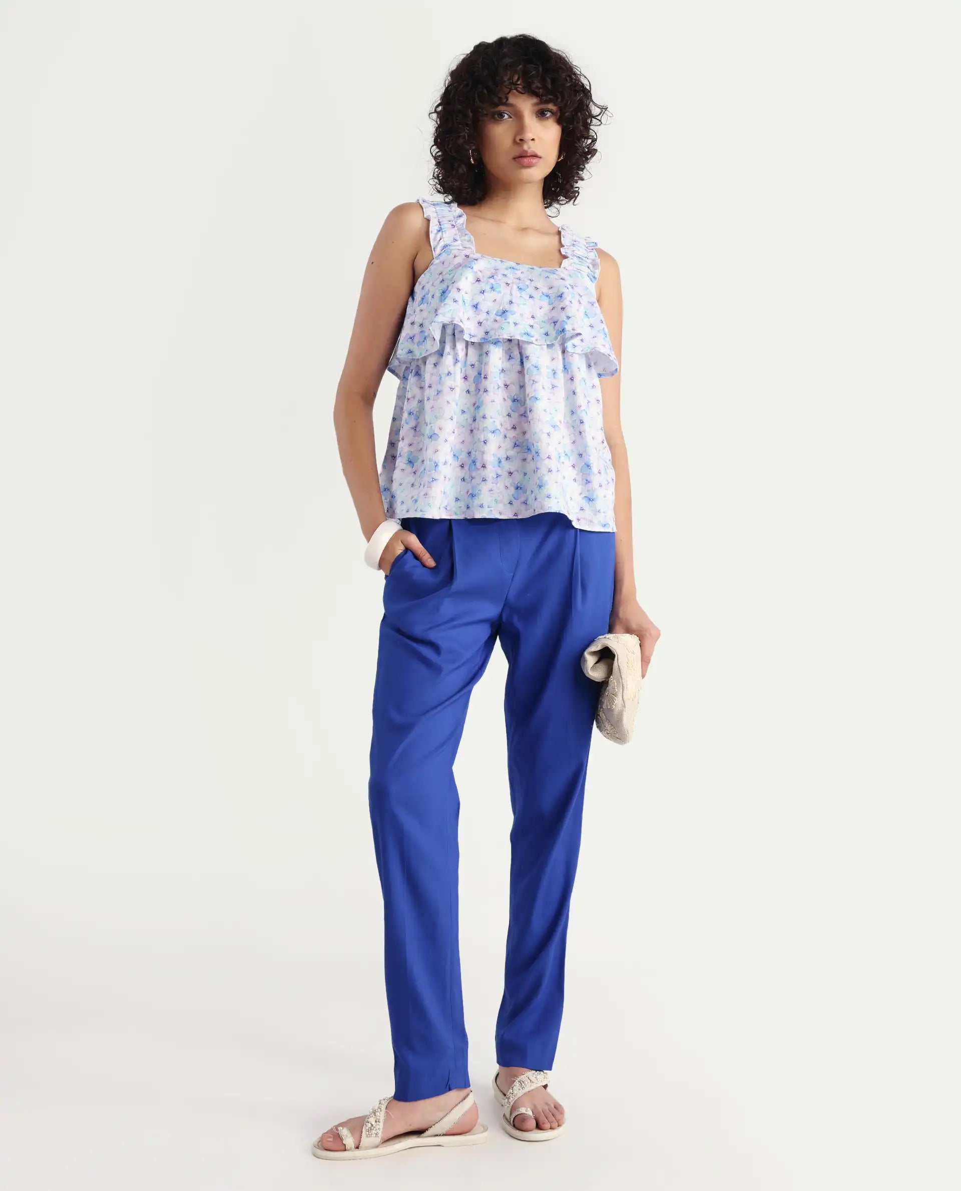 Rareism Women's Pansy Navy Cotton Blend Plain Ankle Length Slim Fit Jeans