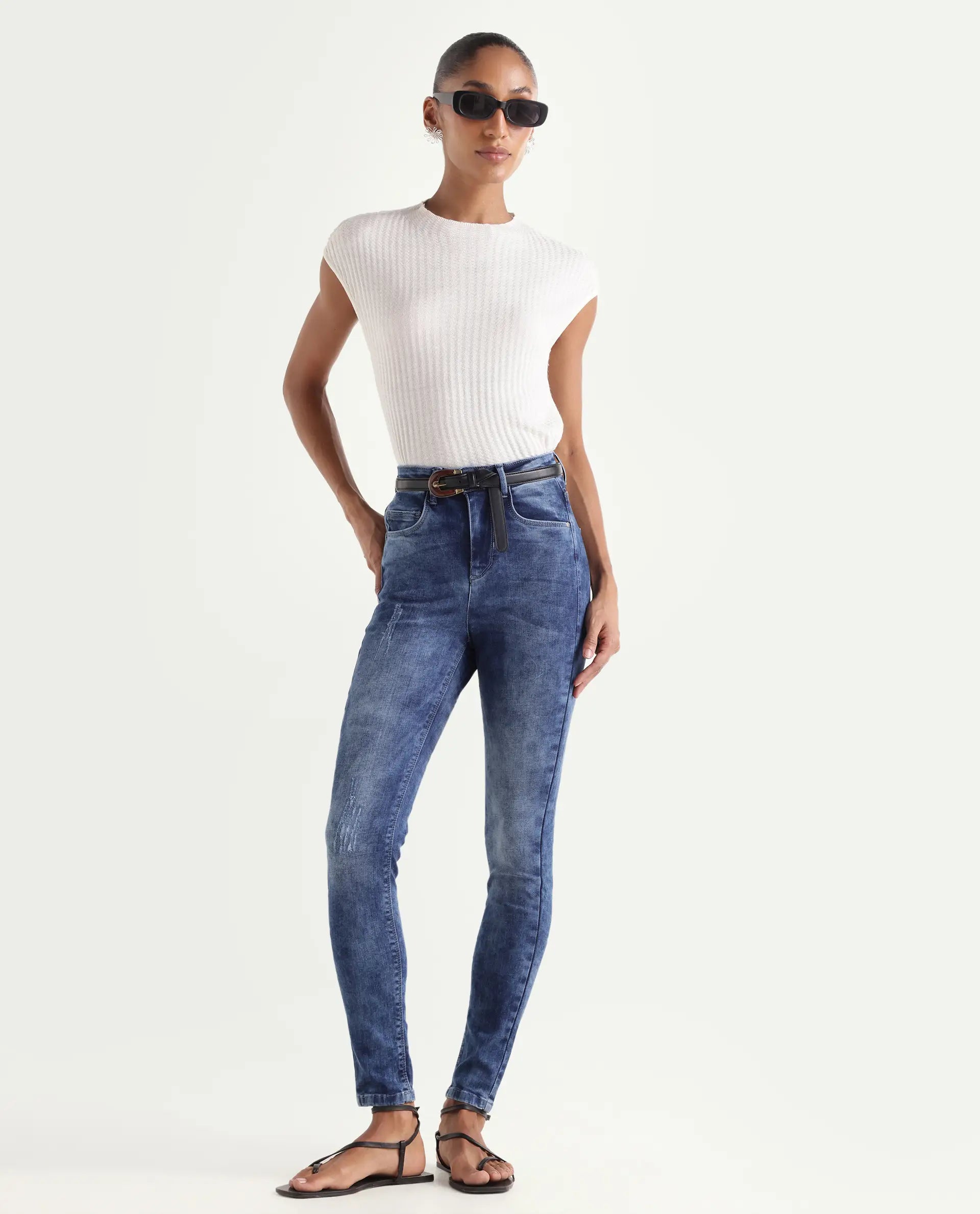 Rareism Women's Snowtail Blue Cotton Blend Plain Ankle Length Slim Fit Jeans