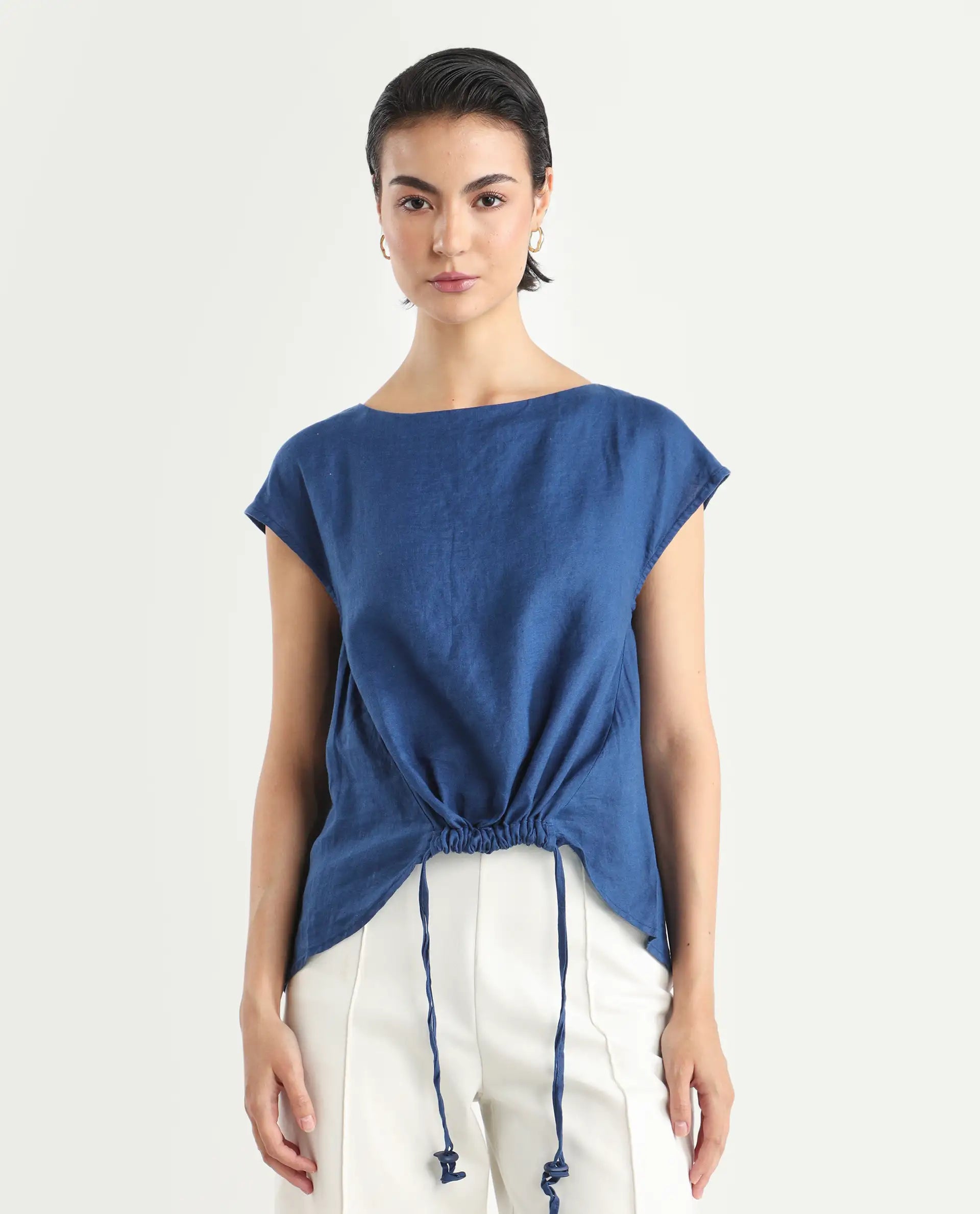 Rareism Women's Vita Blue Linen Boat Neck Plain Extended Sleeves Regular Fit Top