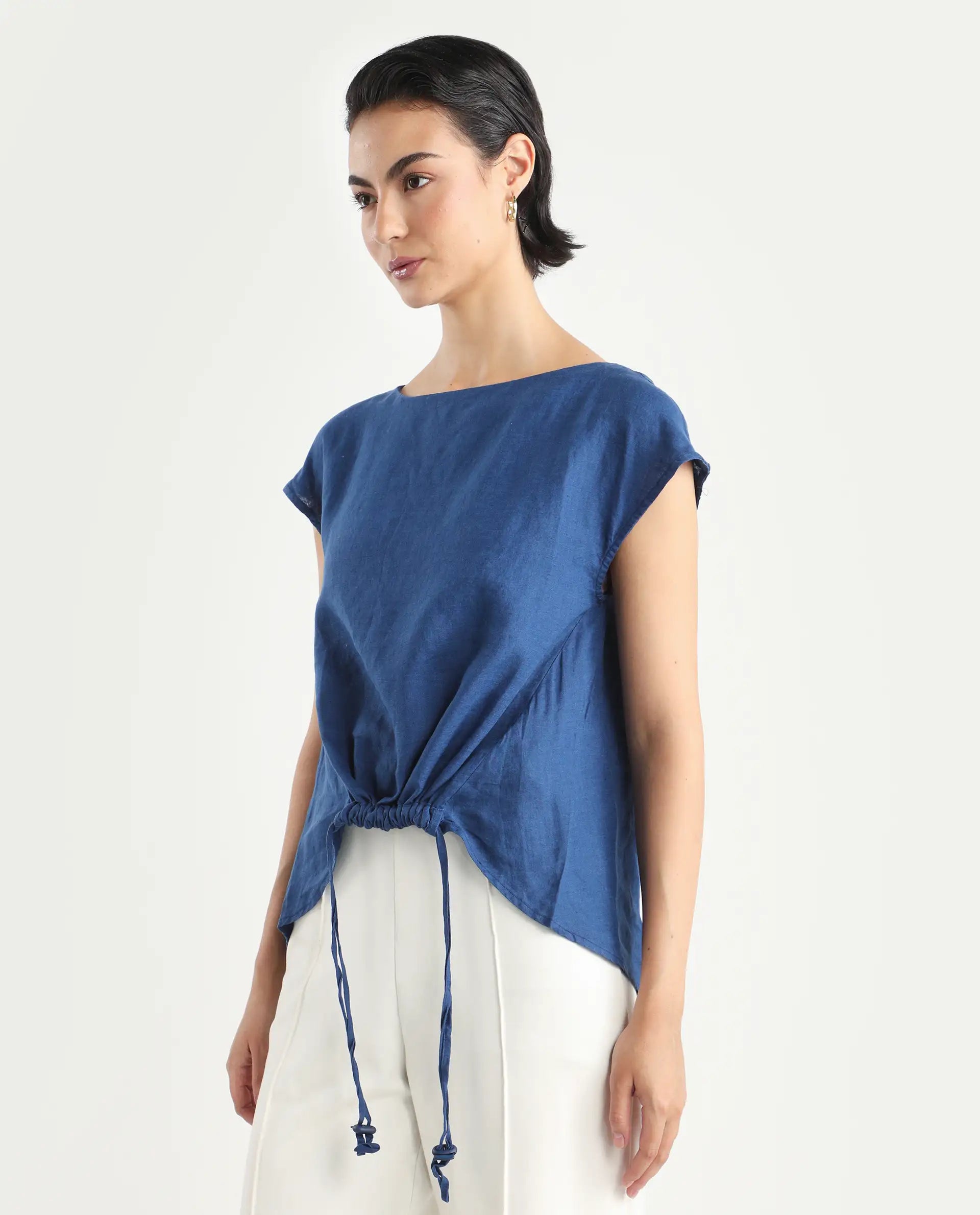 Rareism Women's Vita Blue Linen Boat Neck Plain Extended Sleeves Regular Fit Top