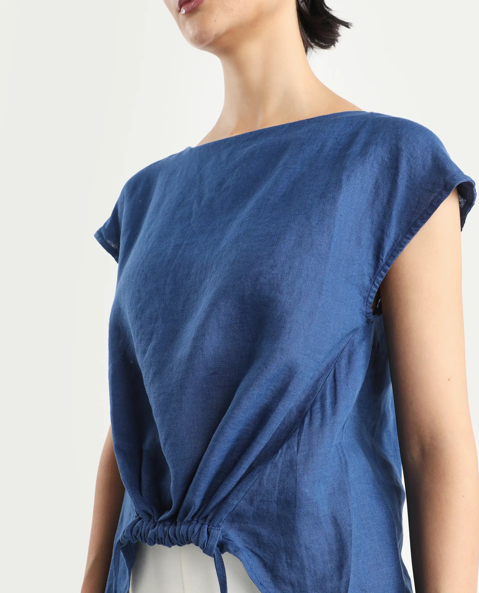 Rareism Women's Vita Blue Linen Boat Neck Plain Extended Sleeves Regular Fit Top