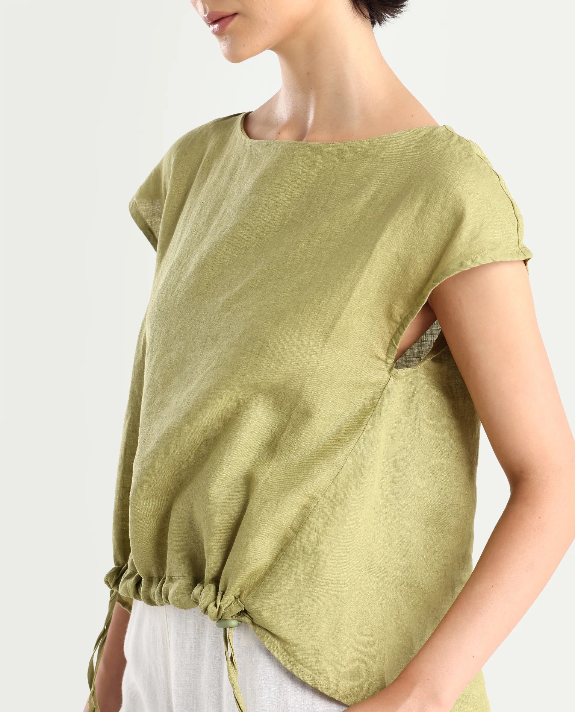 Rareism Women's Vita Green Linen Boat Neck Plain Extended Sleeves Regular Fit Top