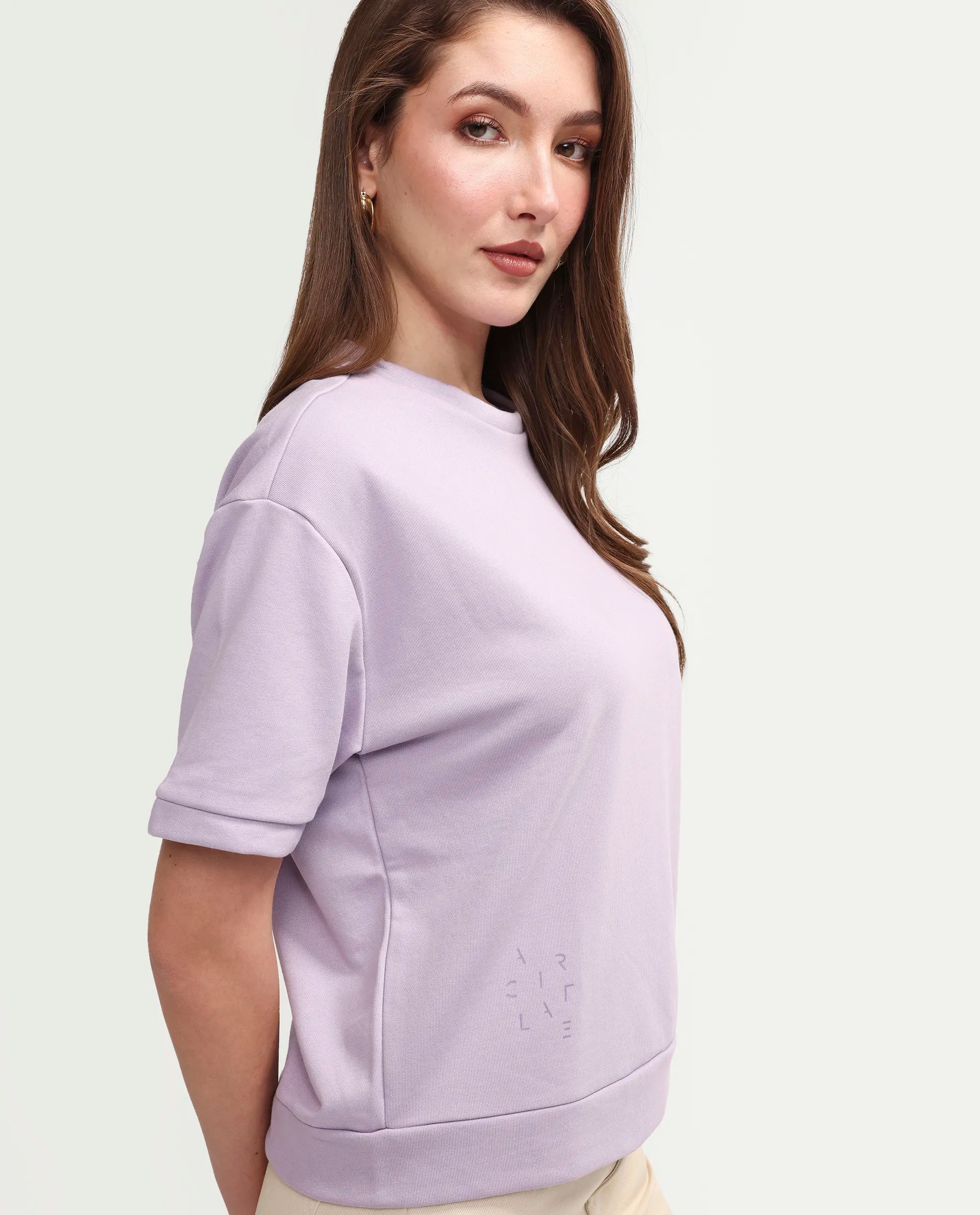 Rareism Women's Medium Weight Terry 290 Gsm Cotton Crew Neck Plain Relaxed Fit Sweat Tee